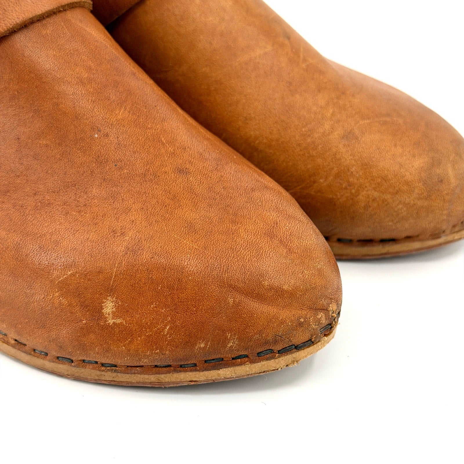 Vintage 70s Made in Italy Tan Leather Faux Wood Platform Clogs