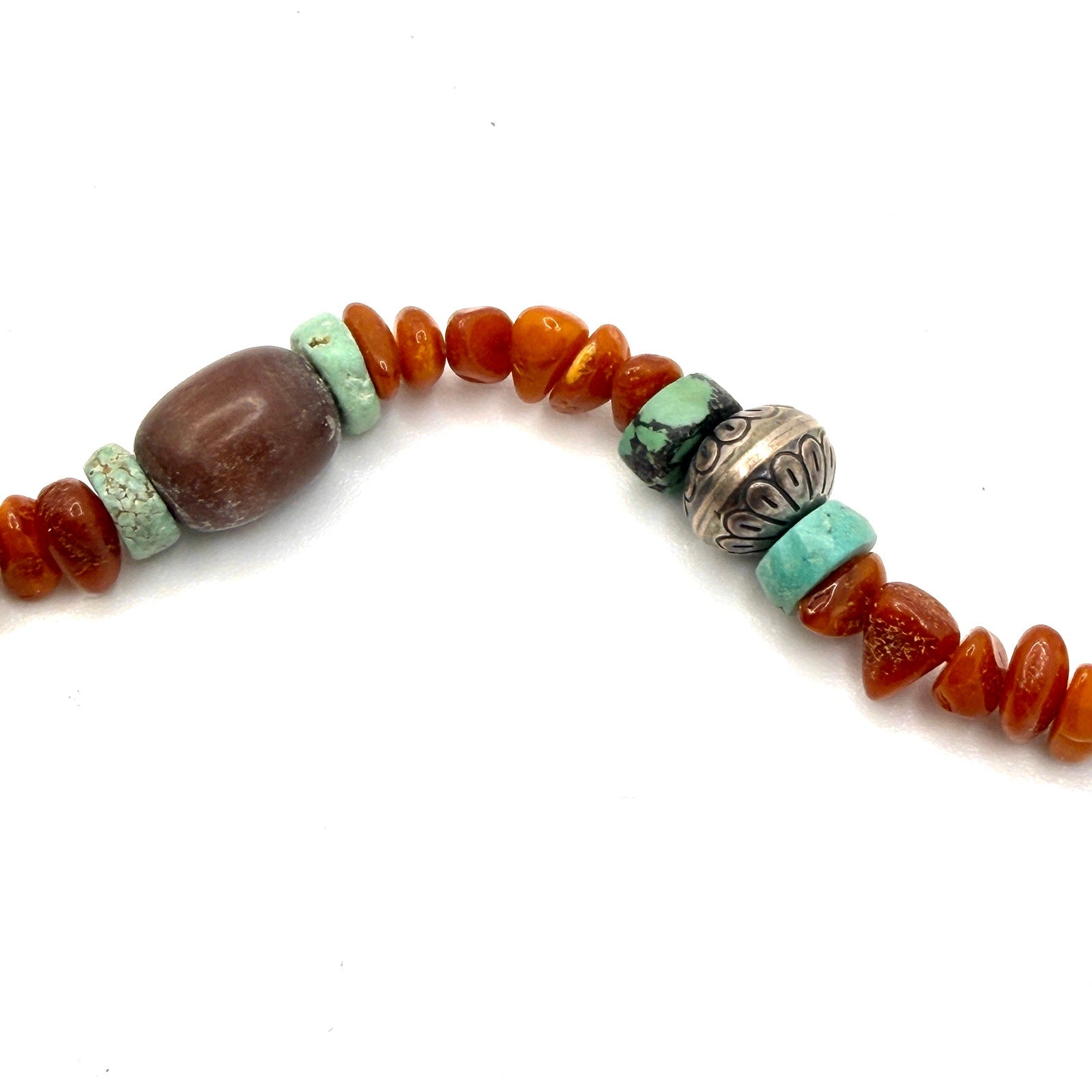 Vintage 90s Artisanal Carved Ram Turquoise Carnelian Beaded Necklace Earring Set