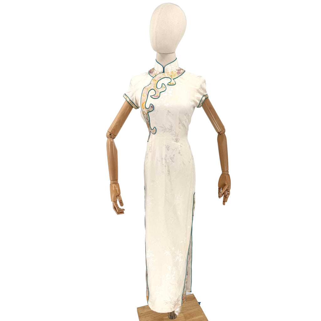 Vintage 90s Cream 100% Silk Brocade Trim Cheongsam Qipao Maxi Dress