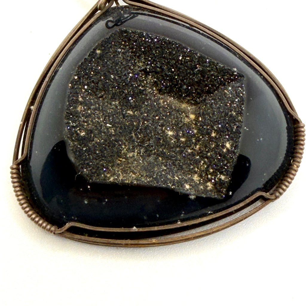 Vintage 90s Black Onyx Druzy Sterling Silver Wire Wrap Trillion Pendant