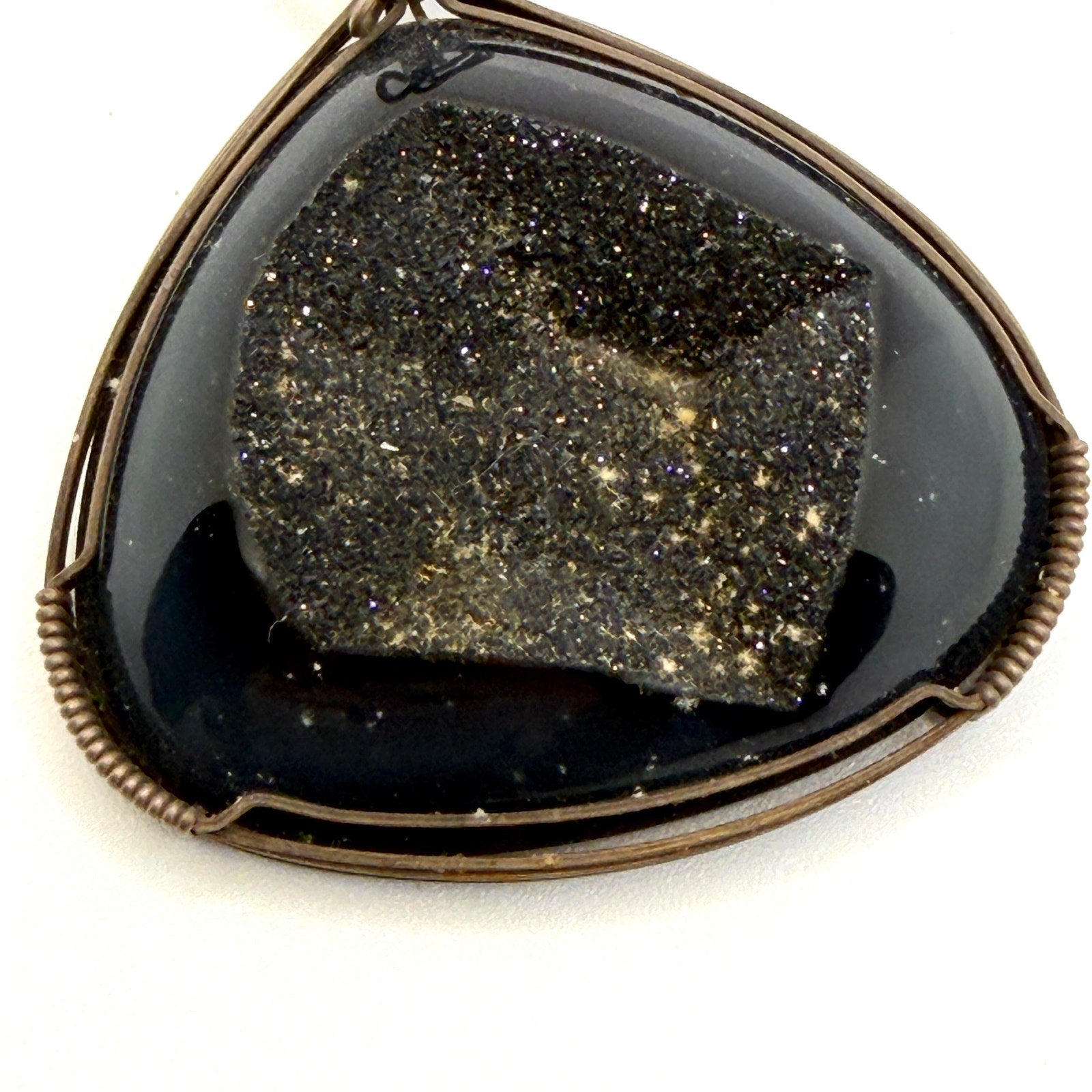 Vintage 90s Black Onyx Druzy Sterling Silver Wire Wrap Trillion Pendant