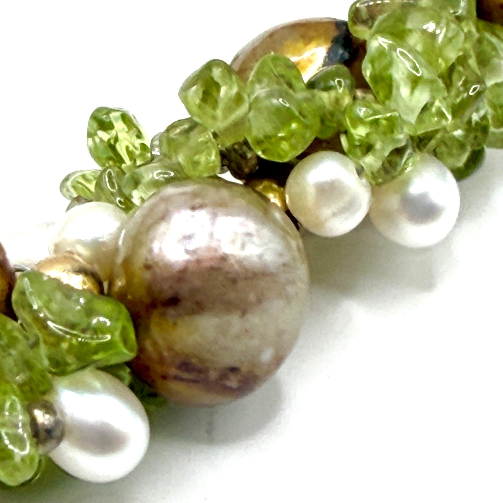 Vintage 90s Green Peridot Bronze Freshwater Pearl Cluster Necklace