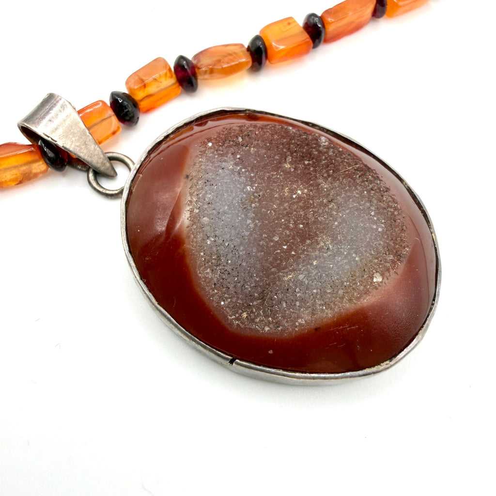 Vintage 90s Sterling Silver Carnelian Druzy Geode Pendant Necklace