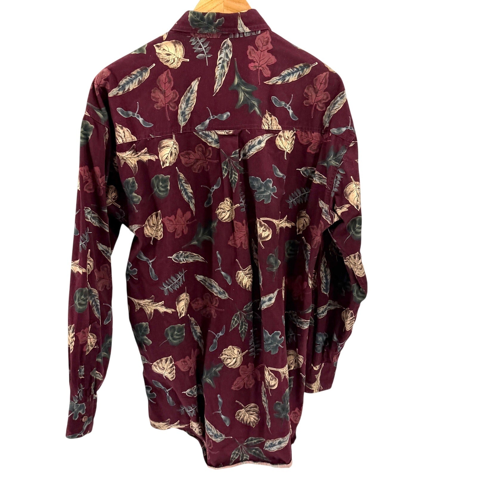 Vintage 90s Chaps Ralph Lauren Maroon 100% Cotton Leaf Print Button Up