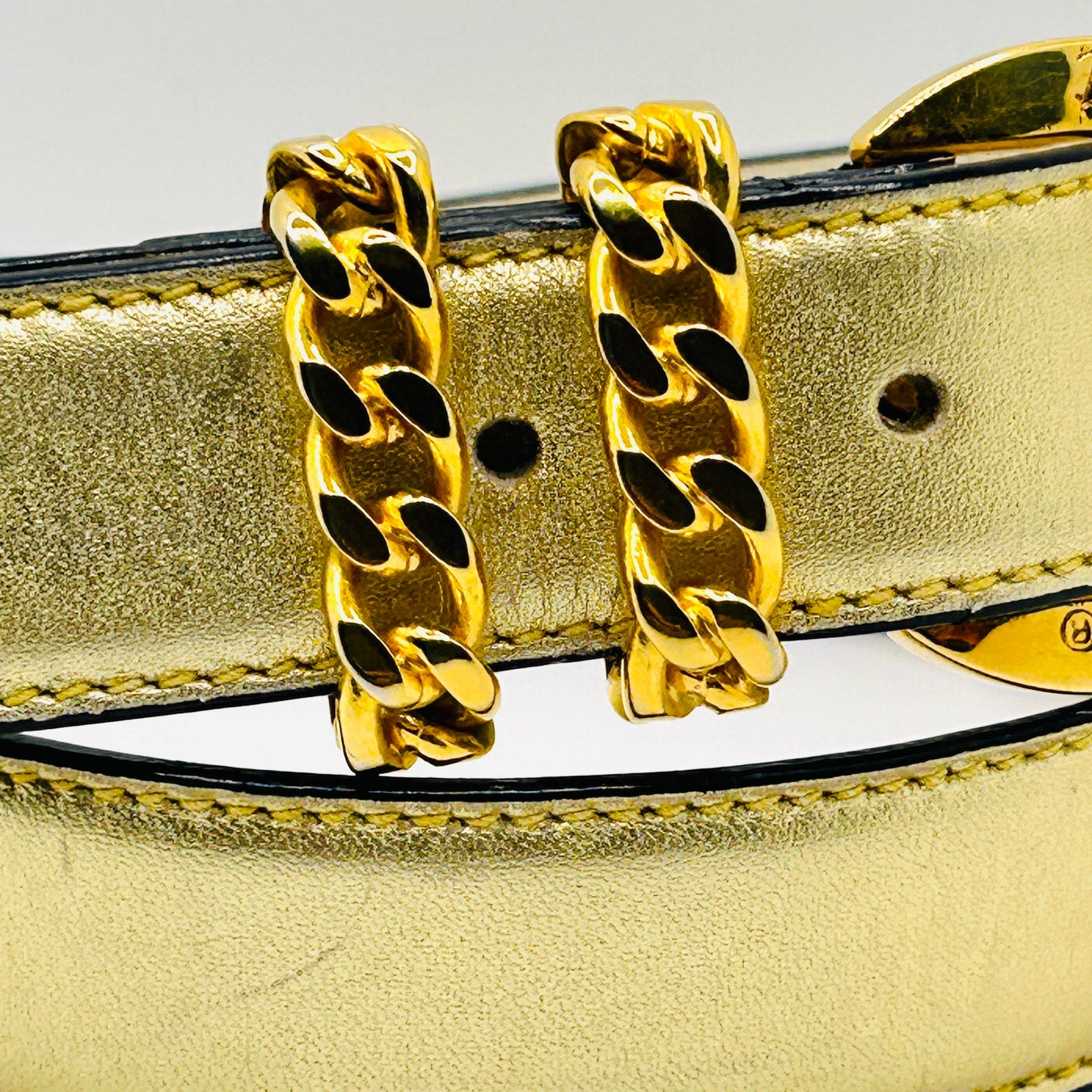 Vintage 80s/90s Paloma Picasso Gold Metallic Leather Chain Detail Belt