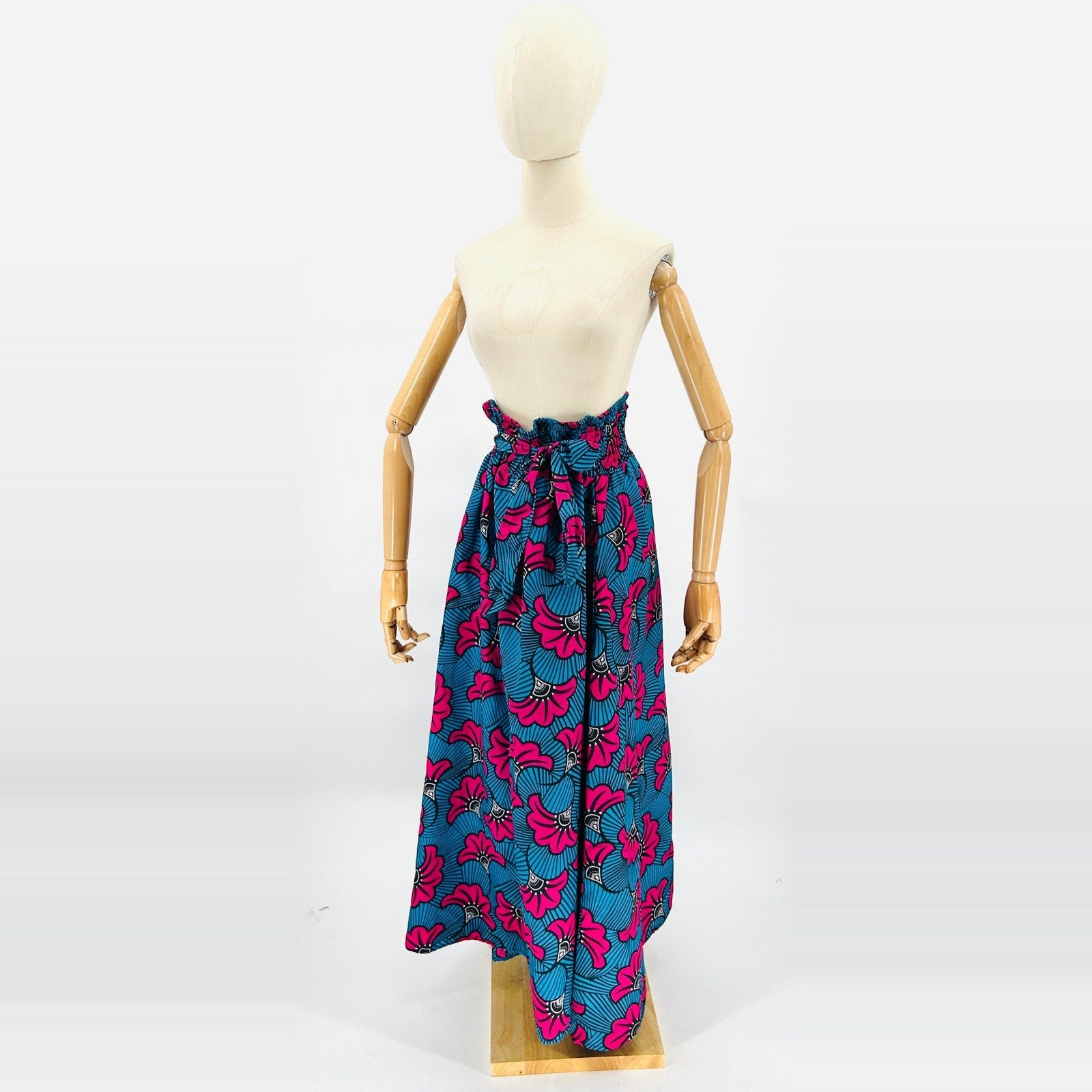 Ankara Wax Print Blue Pink Floral Cotton Paperbag Maxi Skirt