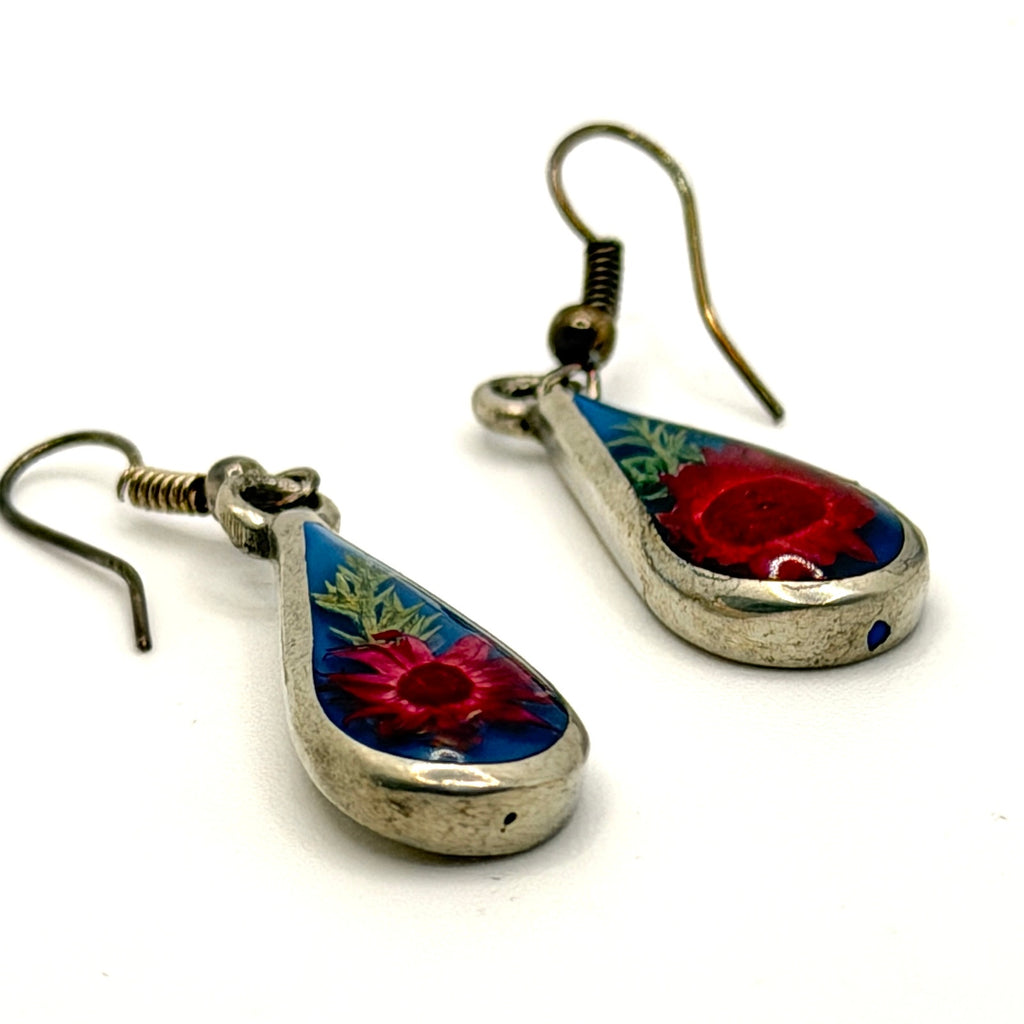 Vintage 70s Mexico Red Pressed Flower Resin Silver Tone Teardrop Earrings