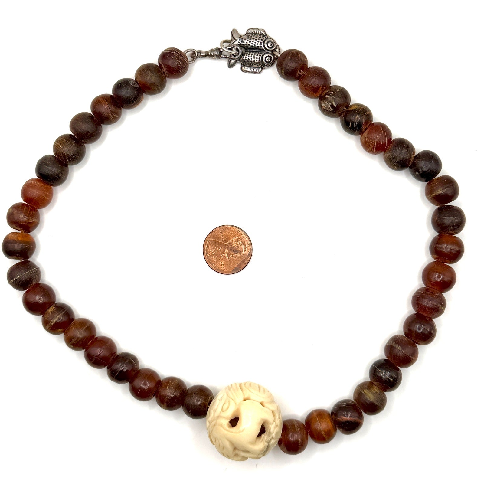Vintage 90s Red Brown Resin Carved Bone Ram Character Statement Necklace