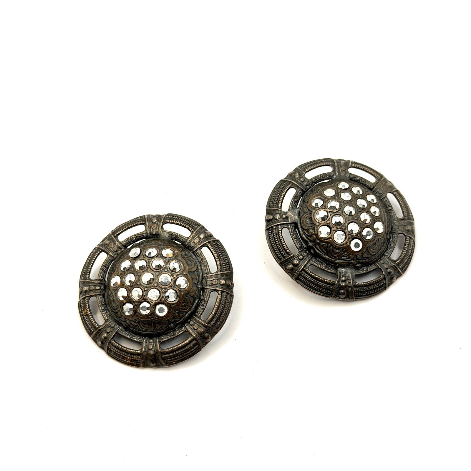 Vintage 80s Bronze Tone Rhinestone Openwork Dome Clip On Earrings