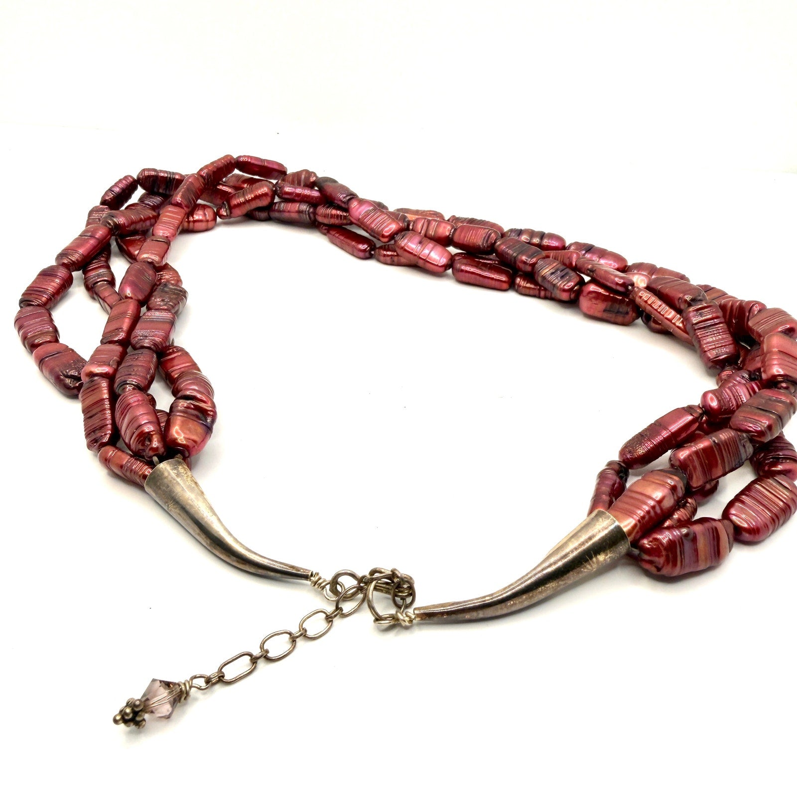 Vintage 90s Stamped Sterling Silver Red Pearl Multi Strand Necklace
