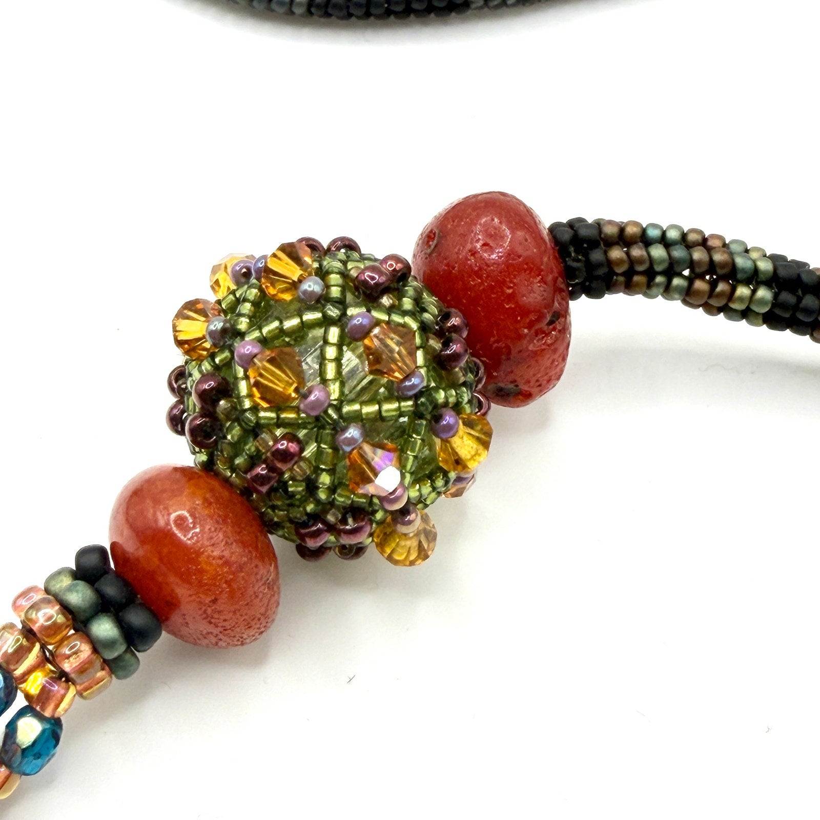 Vintage 90s Earthy Woven Seed Bead Crystal Focal Statement Loop Necklace
