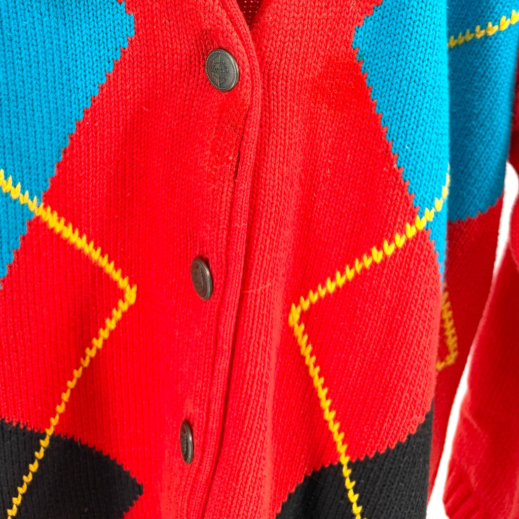 Vintage 90s Dockers Red 100% Cotton Oversized Argyle Cardigan Sweater