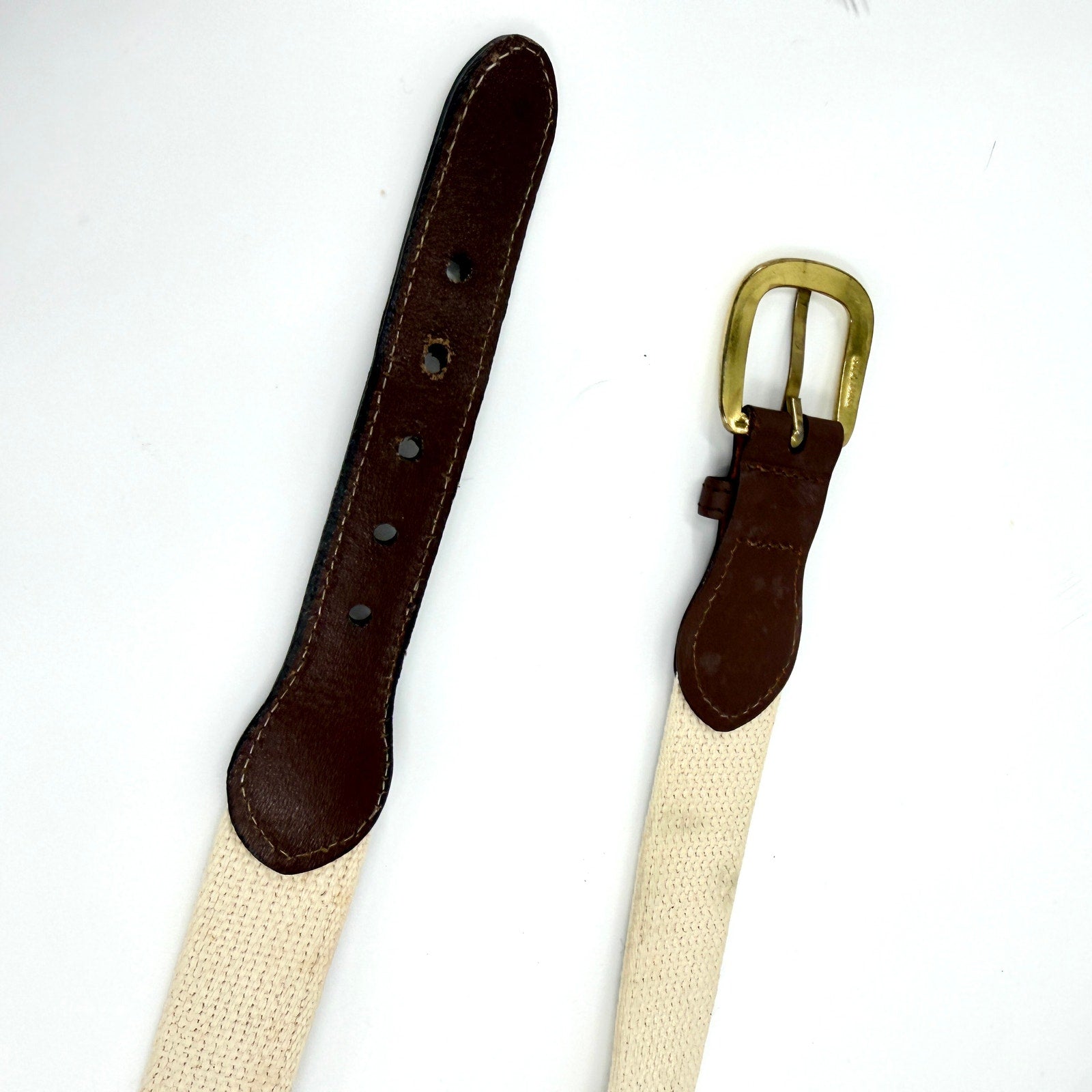 Vintage 90s White Woven Nautical Signal Flag Canvas Leather Trim Belt