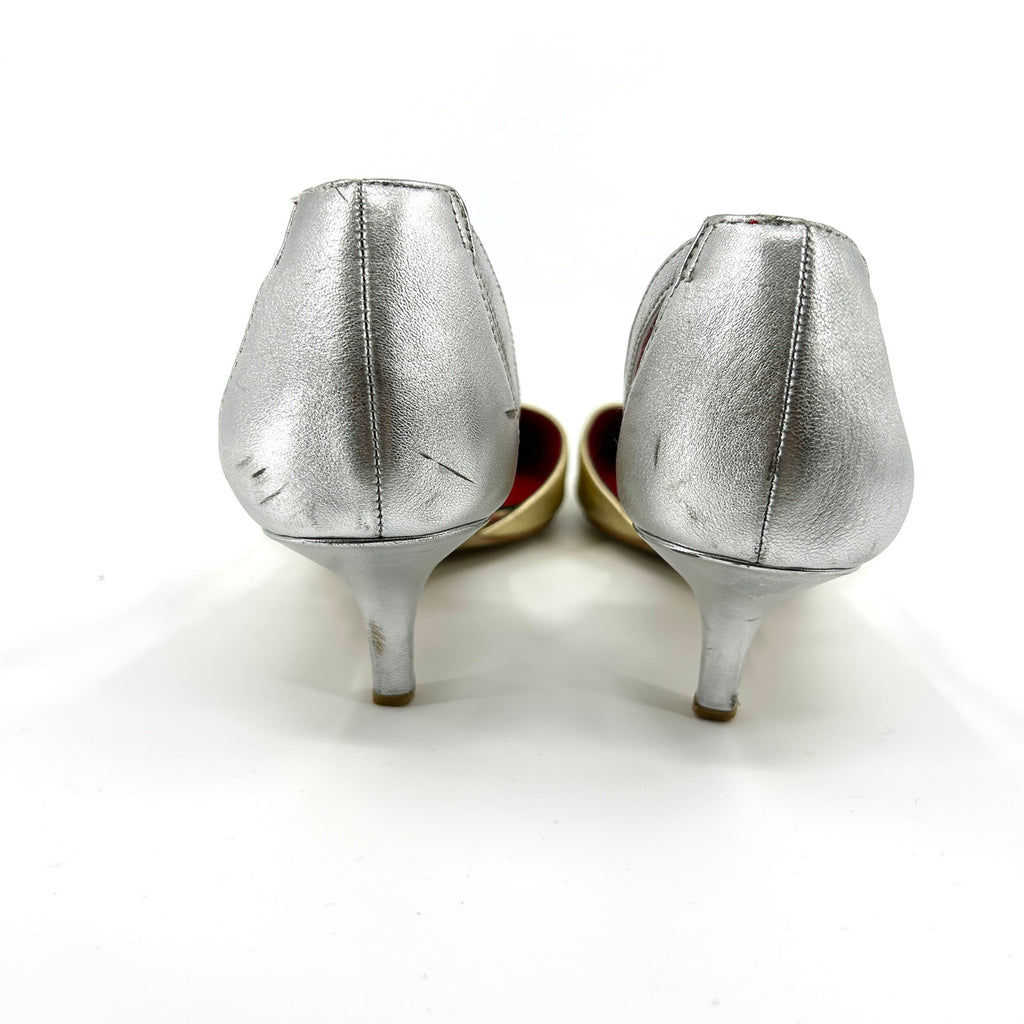 Vintage Y2K Charles Jourdan Gold Silver Leather Pointed Toe T-Strap Heels