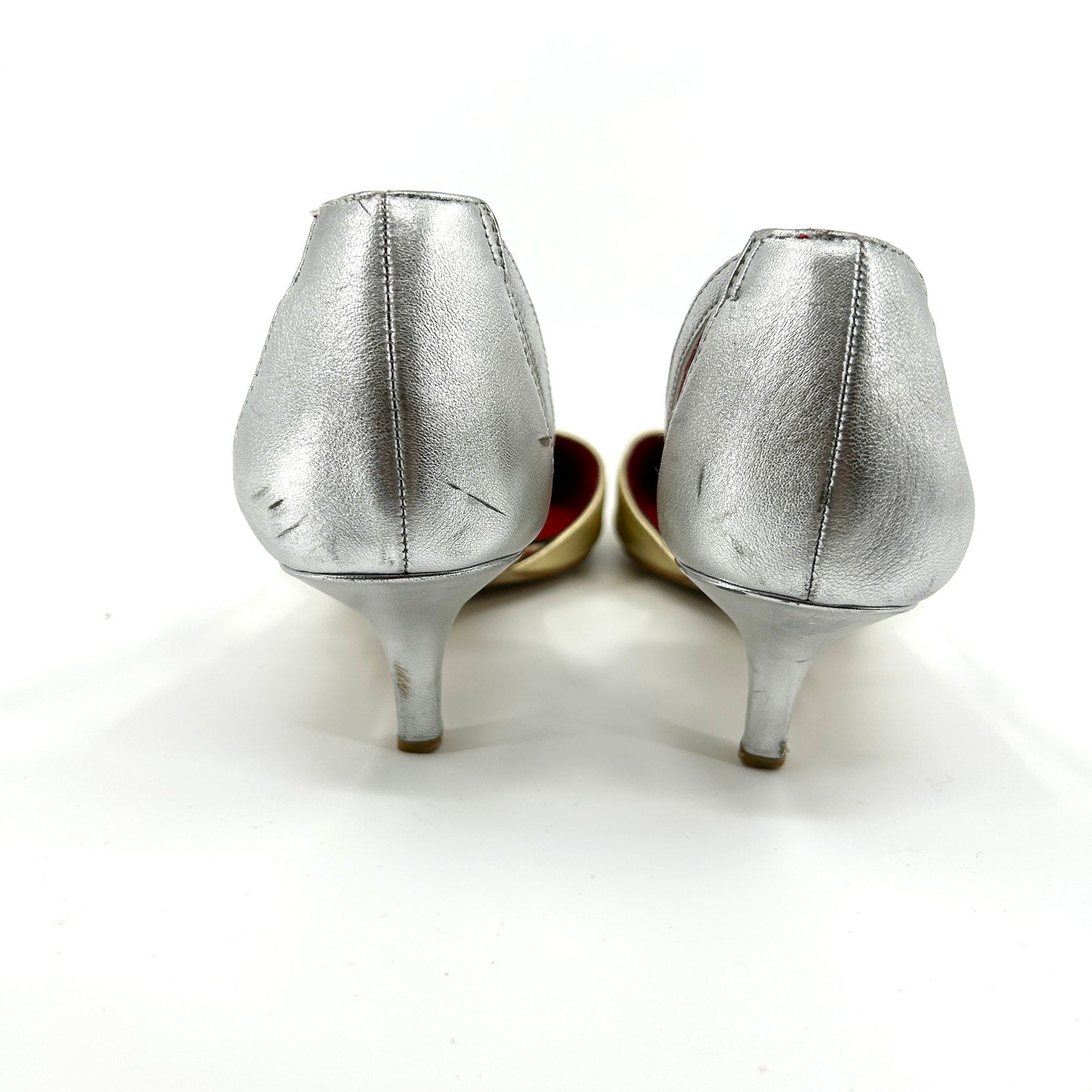 Vintage Y2K Charles Jourdan Gold Silver Leather Pointed Toe T-Strap Heels