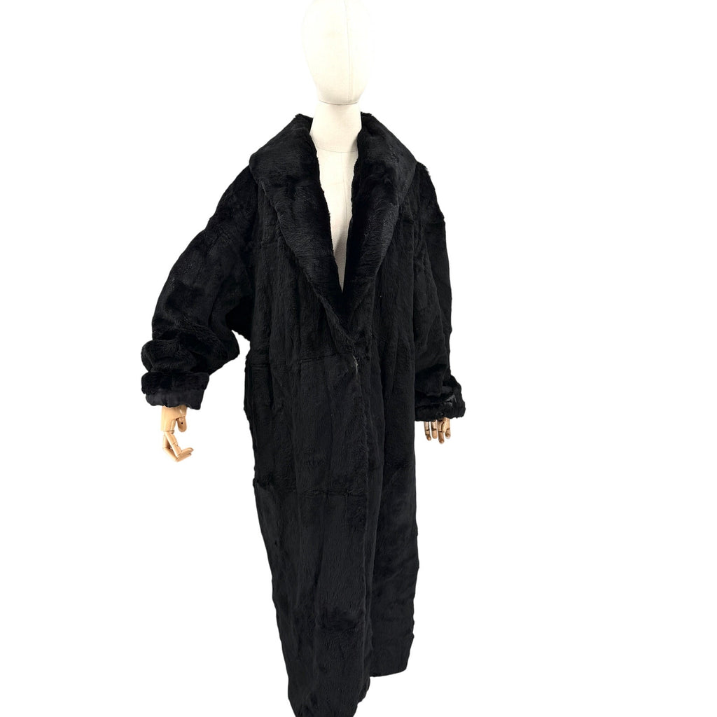 Vintage 90s Black Genuine Sheared Nutria Fur Long Duster Overcoat Jacket