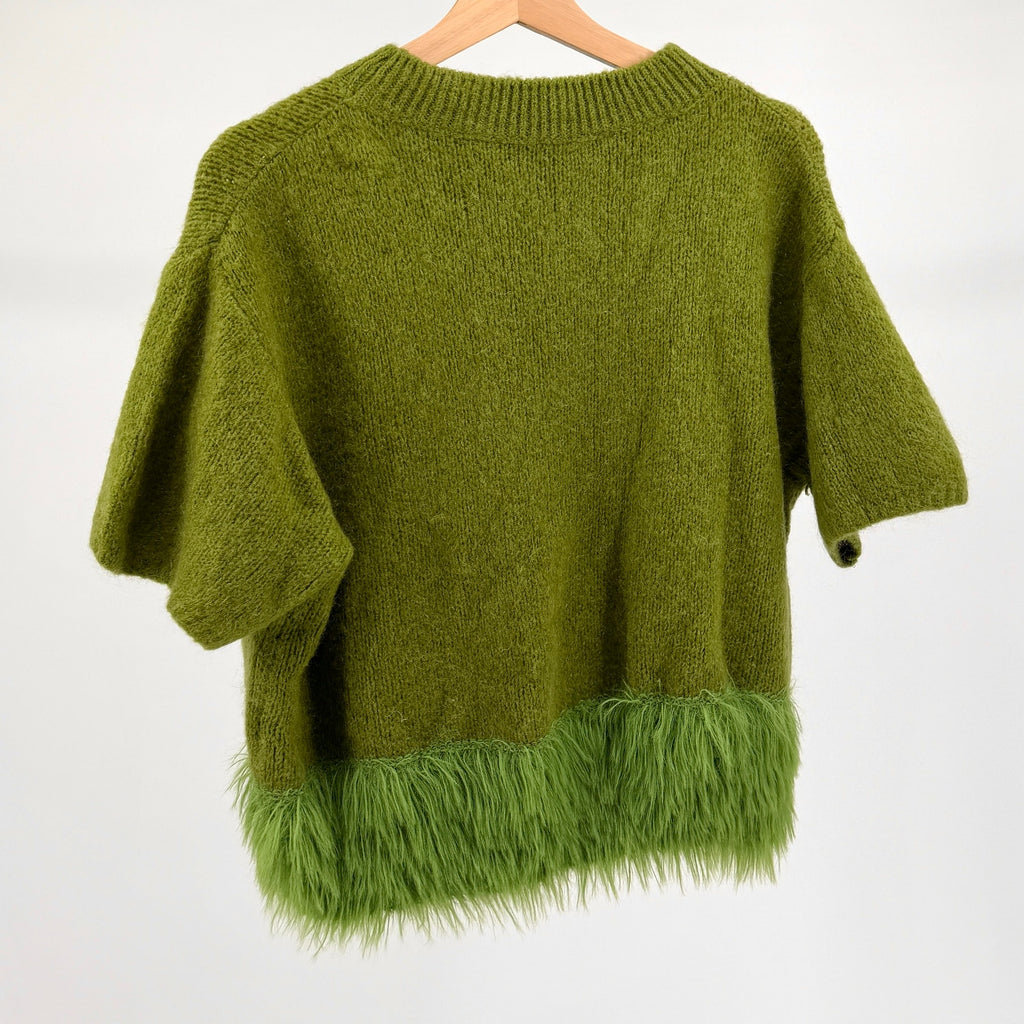 Vintage Italian Green Kid Mohair Wool Shaggy Faux Fur Trim Crop Sweater