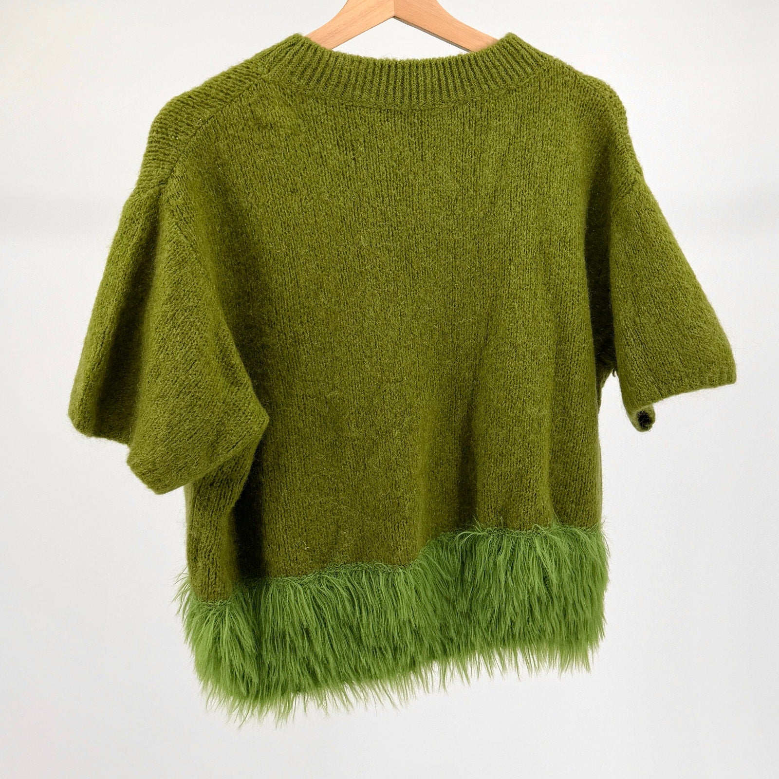 Vintage Italian Green Kid Mohair Wool Shaggy Faux Fur Trim Crop Sweater