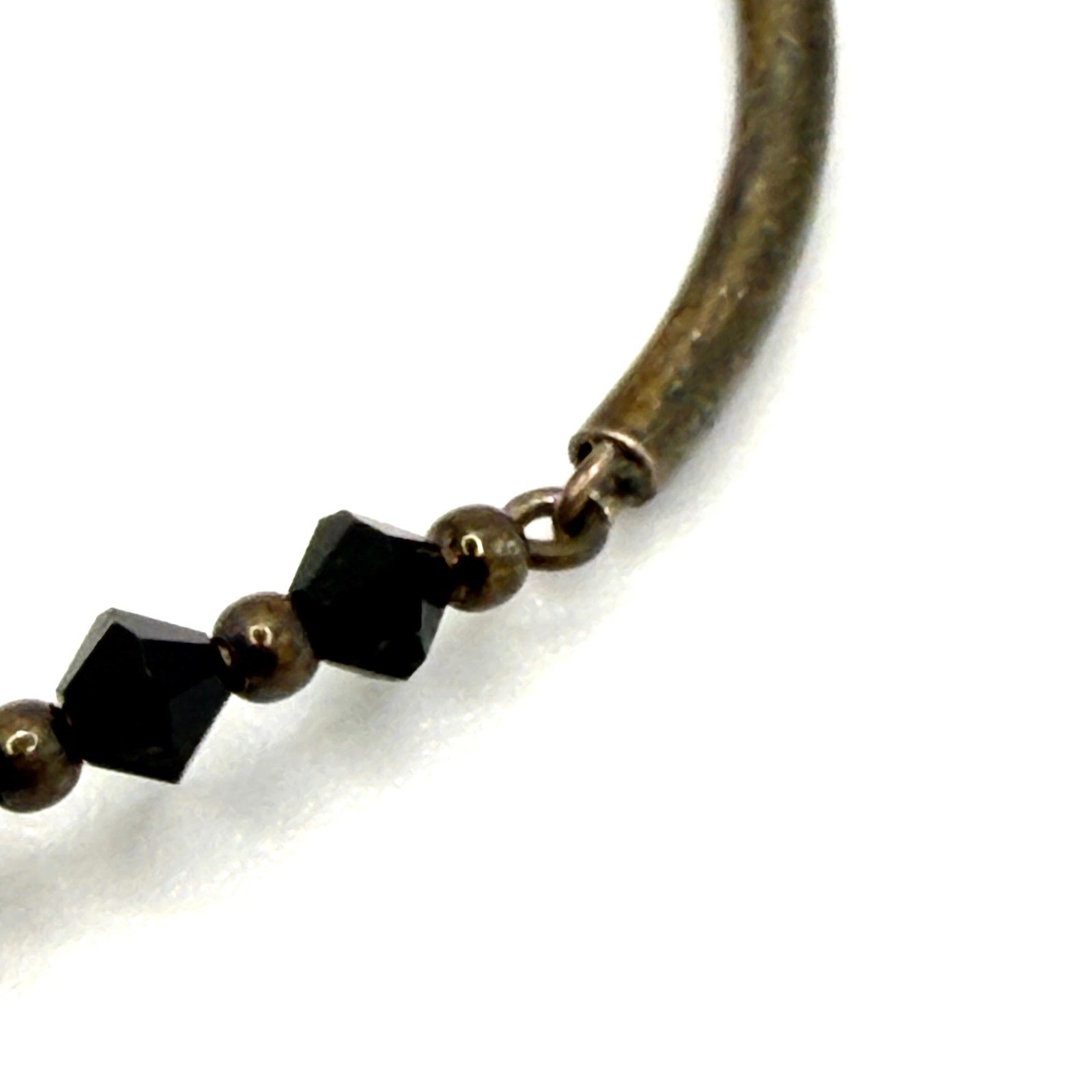 Vintage 90s Sterling Silver Black Onyx Bicone Bead Stamped Bangle Bracelet