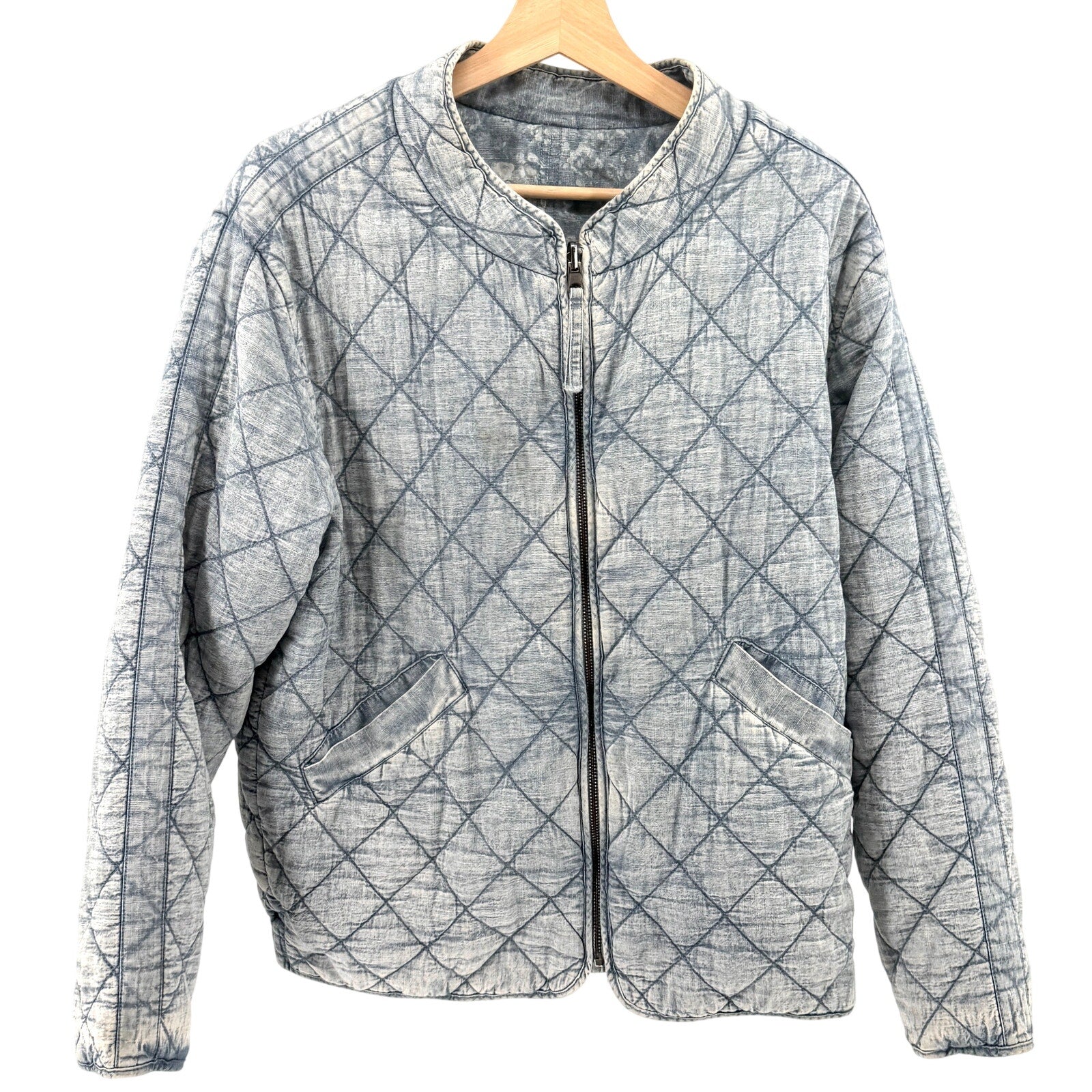 Blue 100% Cotton Reversible Quilted Floral Chambray Insulated Bomber Jacket