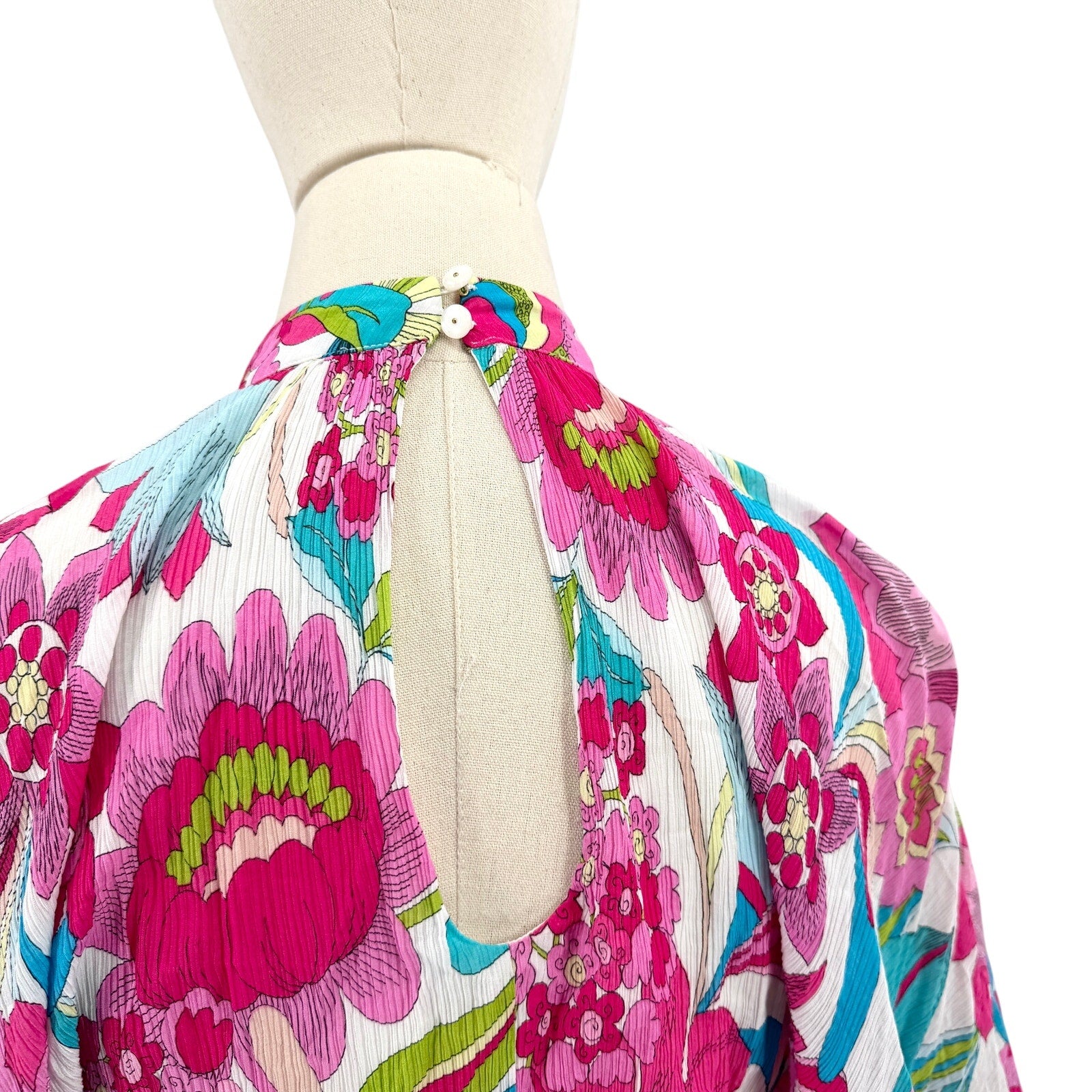 Trina Turk Pink Blue Floral Silk Blend Plissé Mini Dress