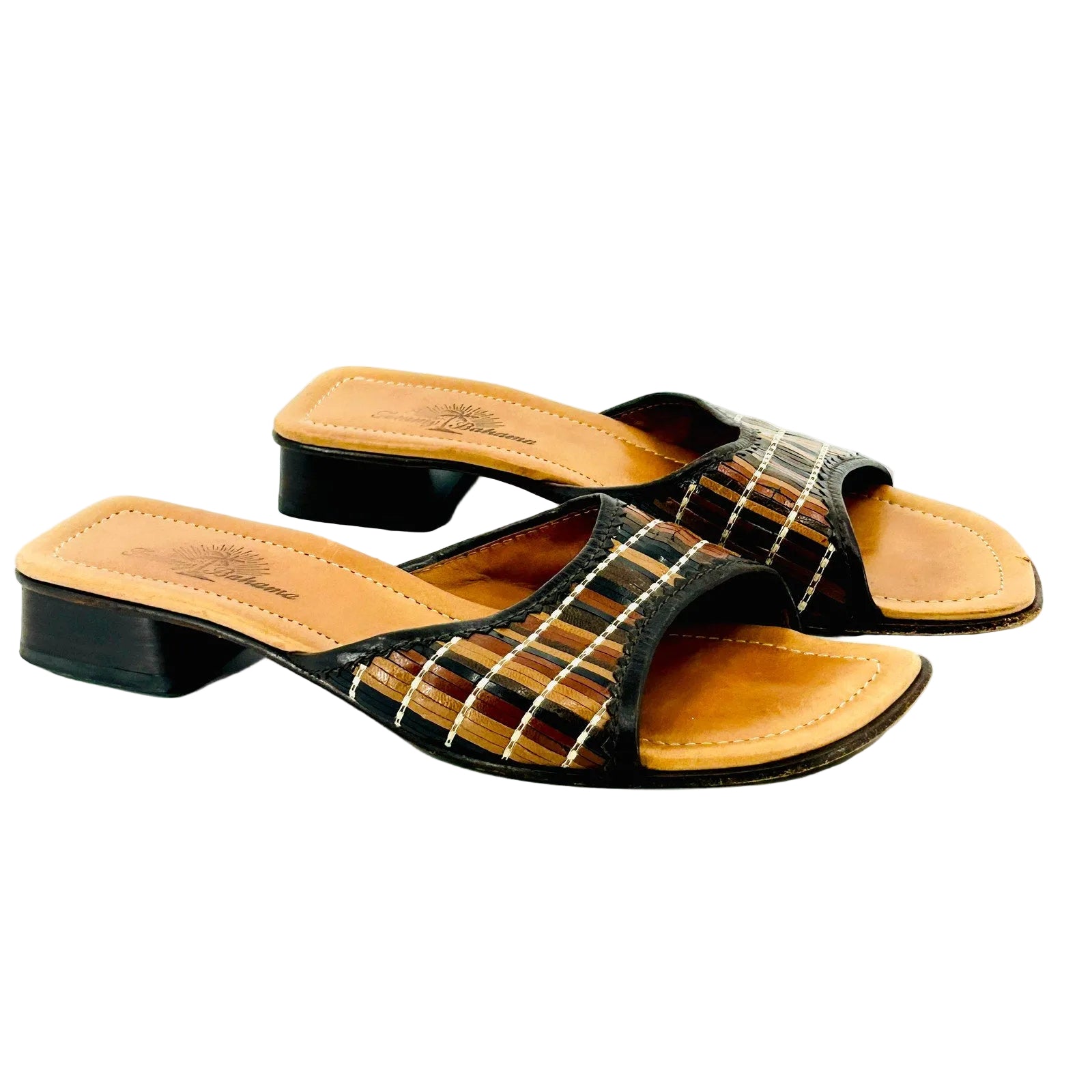 Vintage 90s Tommy Bahama Brown Tan Woven Leather Block Heel Mules