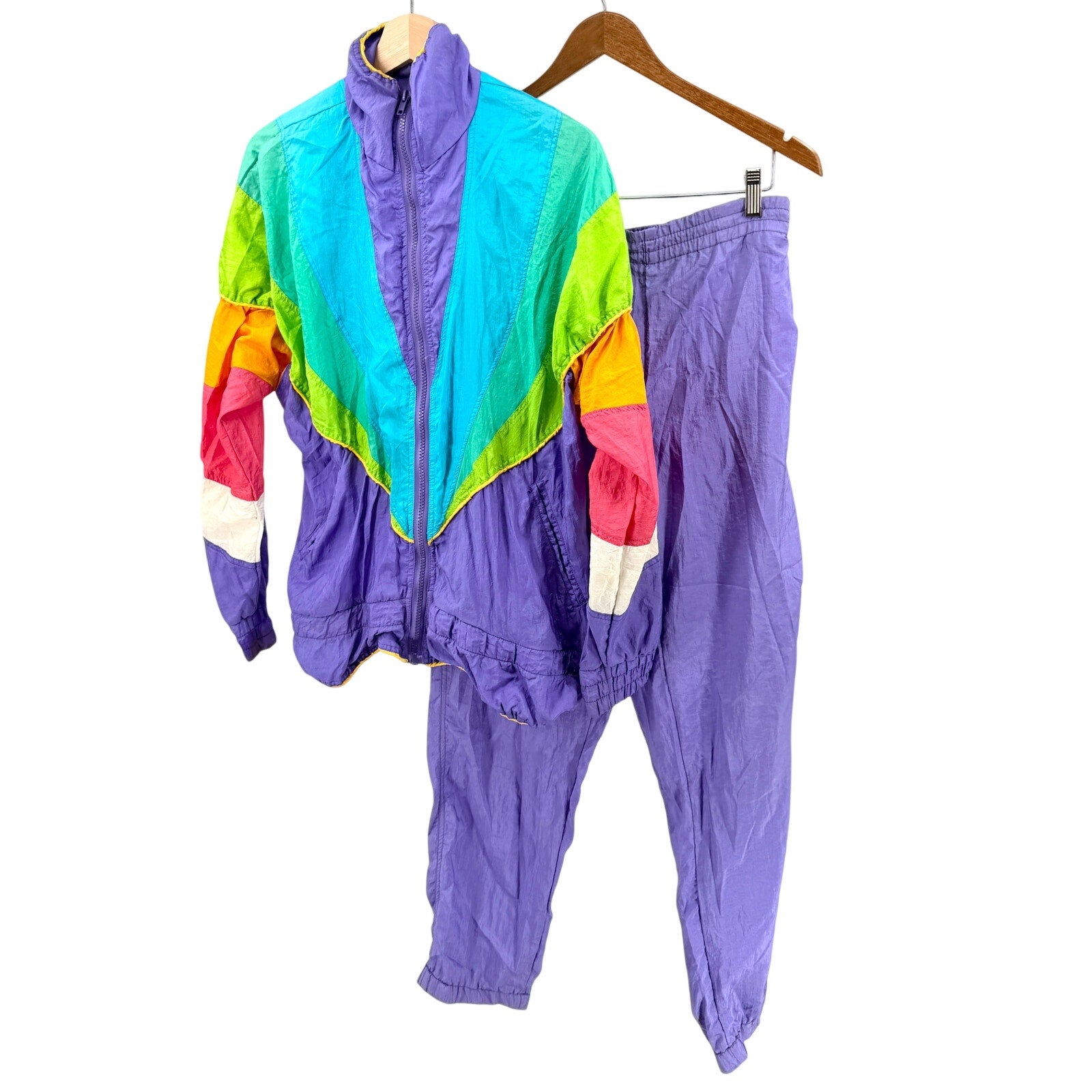 Vintage 90s Clipper Bay Colorblock Purple Rainbow Windbreaker Tracksuit Set