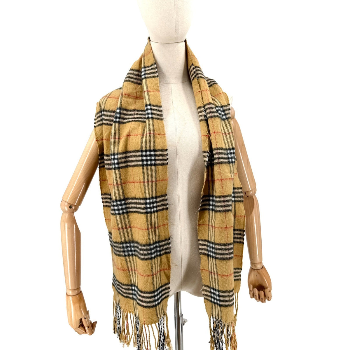Vintage Y2K Beige Tartan Check 100% Cashmere Fringe Trim Scarf