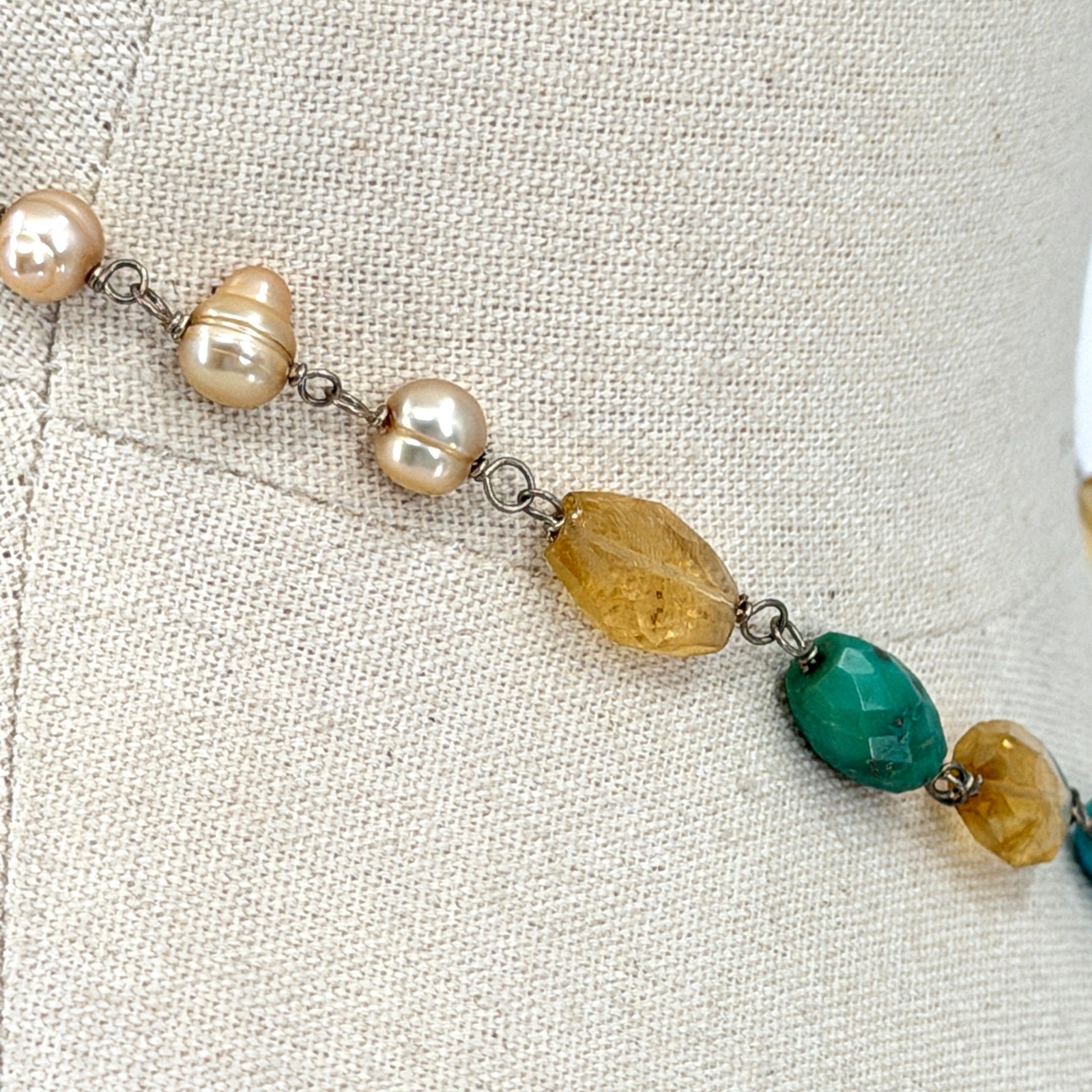 Vintage Y2K Jade Turquoise Freshwater Pearl Asian Character Pendant Necklace