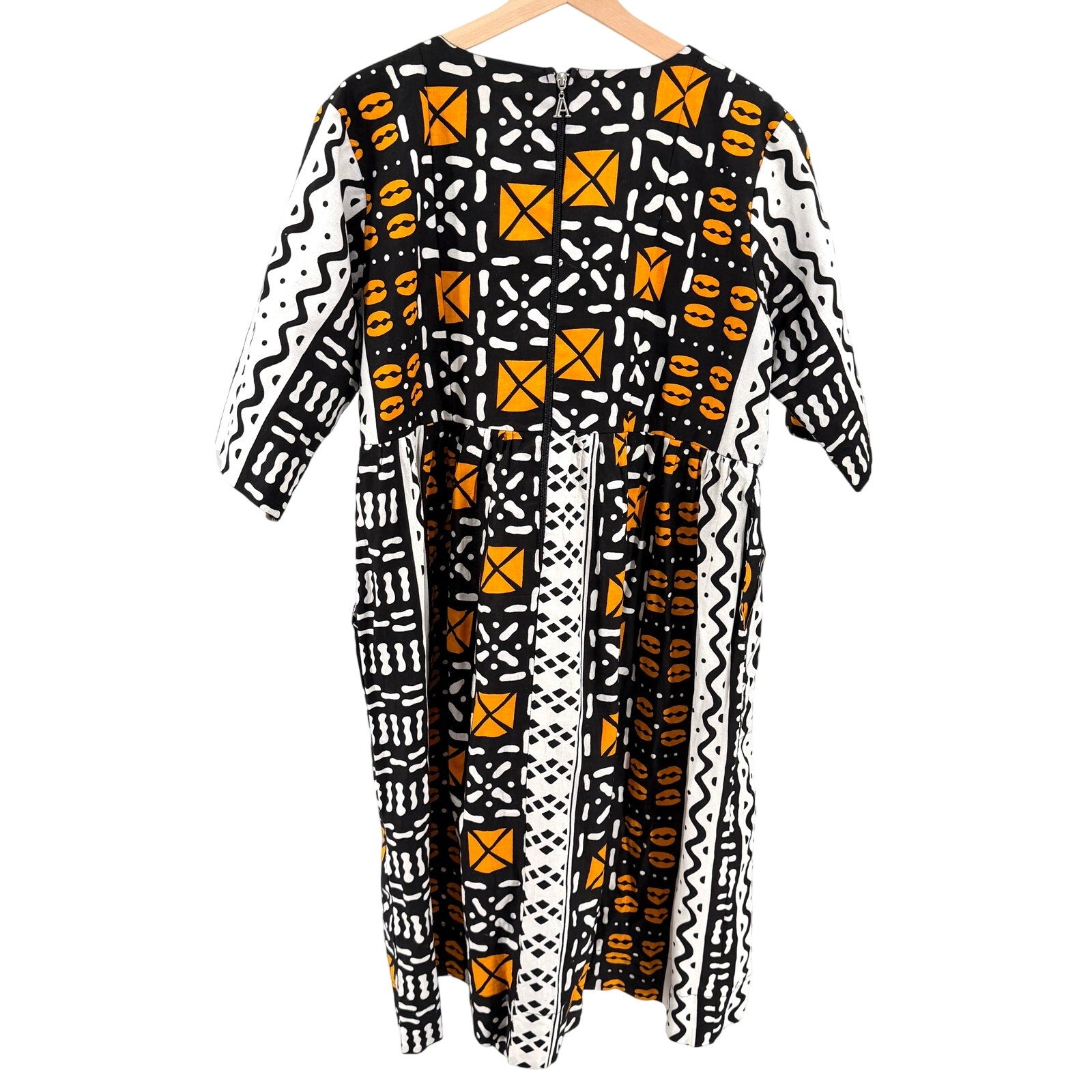 Vintage 90s Hitarget Black Orange Yellow 100% Cotton Batik A Line Dress