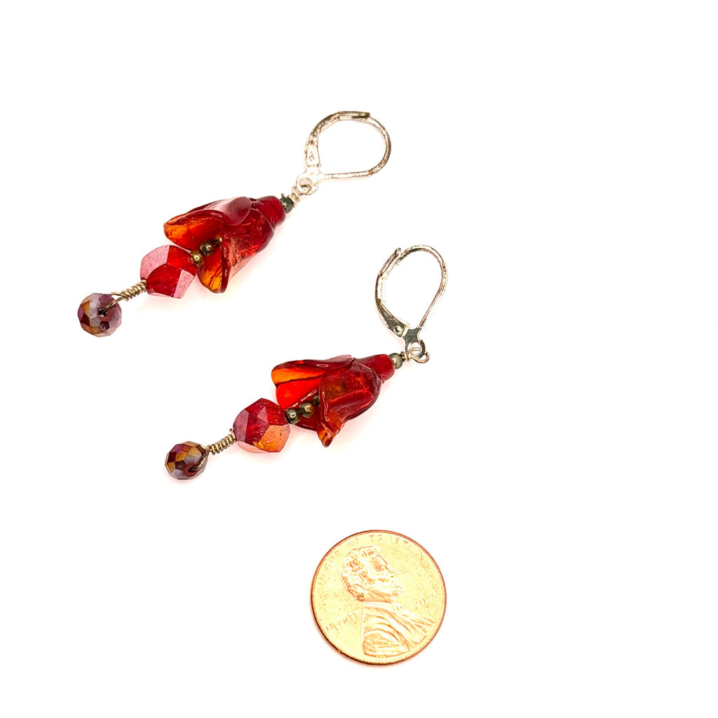 Vintage 90s Red Floral Tulip Drop Beaded Leverback Earrings