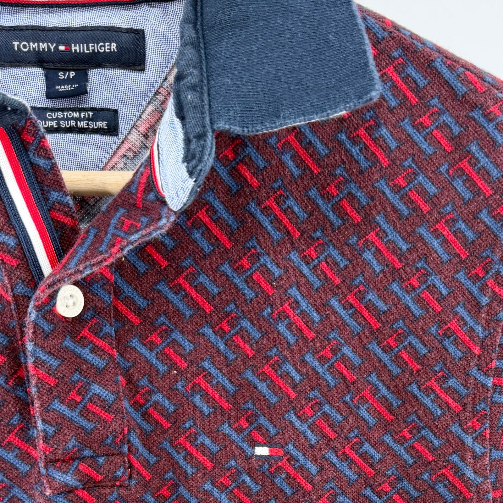 Tommy Hilfiger Maroon All Over Print 100% Cotton Logo Polo Shirt