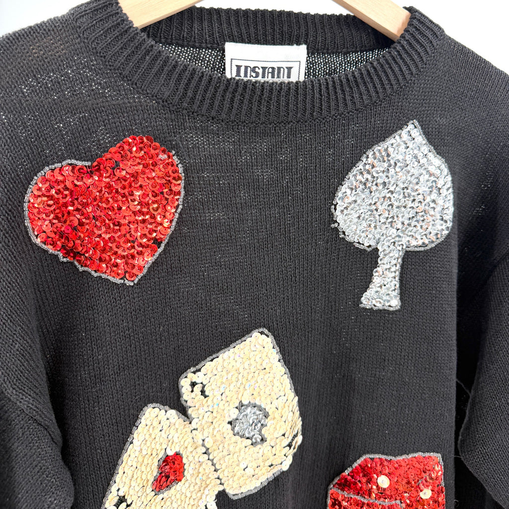 Vintage 90s Instant Black Sequin Playing Cards Casino Novelty Sweater