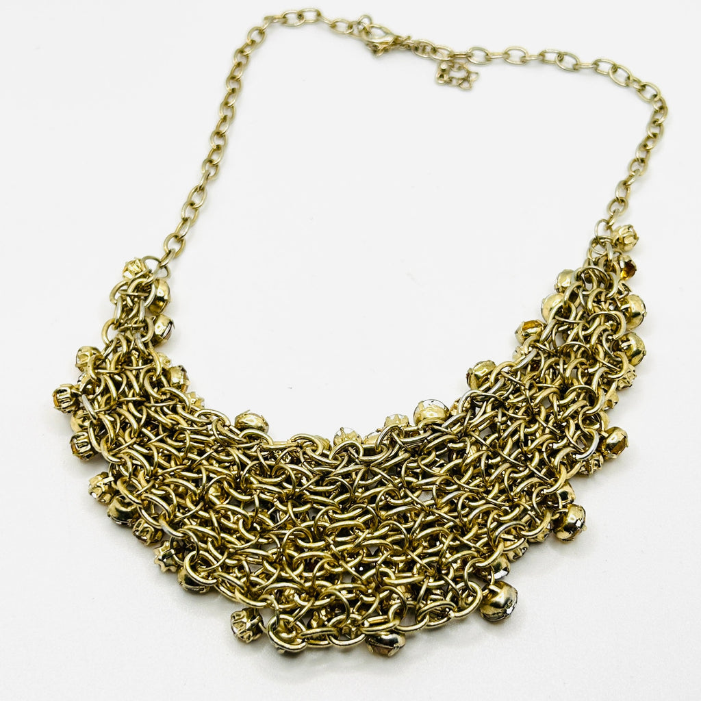 Y2k Yellow Gold Rhinestone Crystal Chain Link Bib Glam Bling Costume Necklace