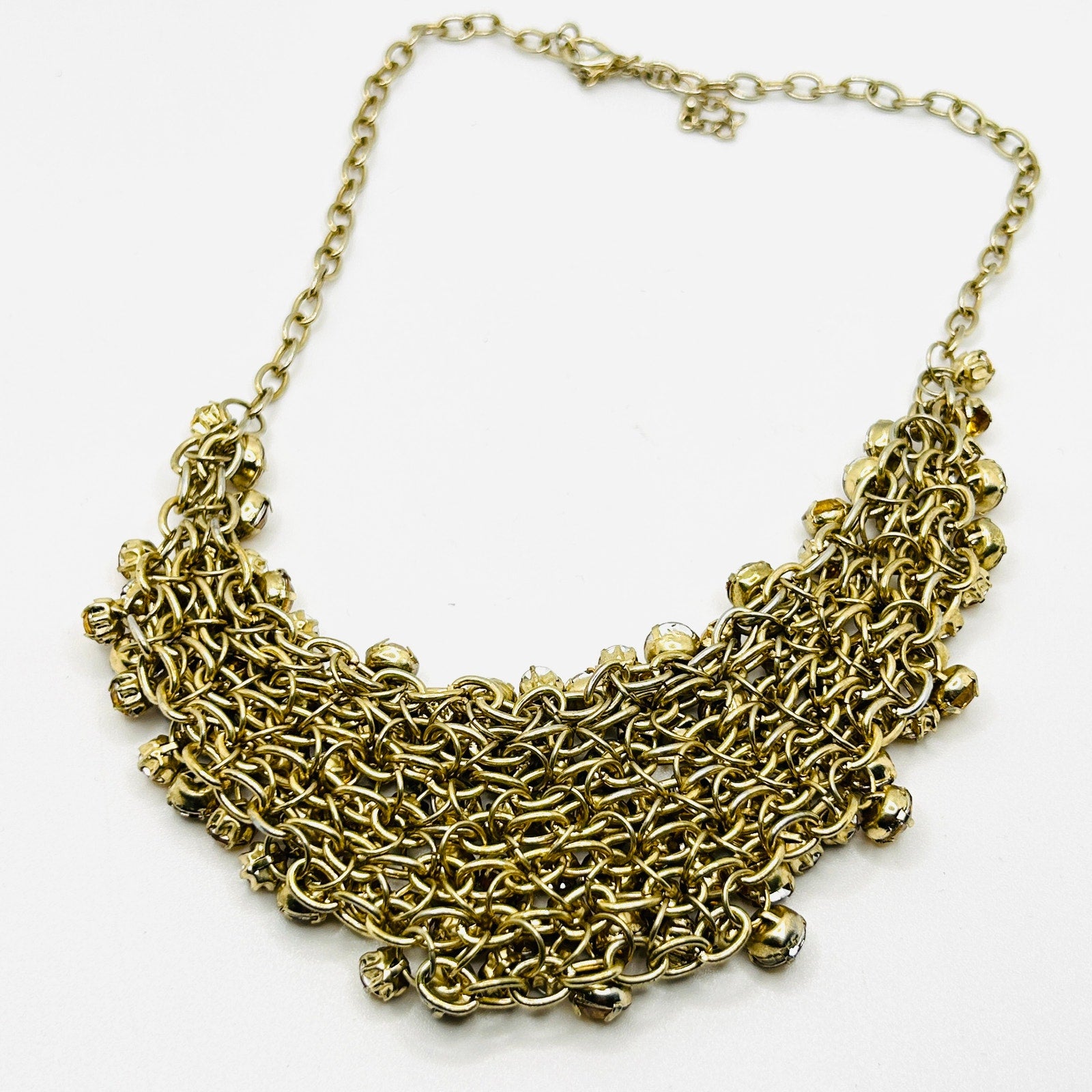 Y2k Yellow Gold Rhinestone Crystal Chain Link Bib Glam Bling Costume Necklace