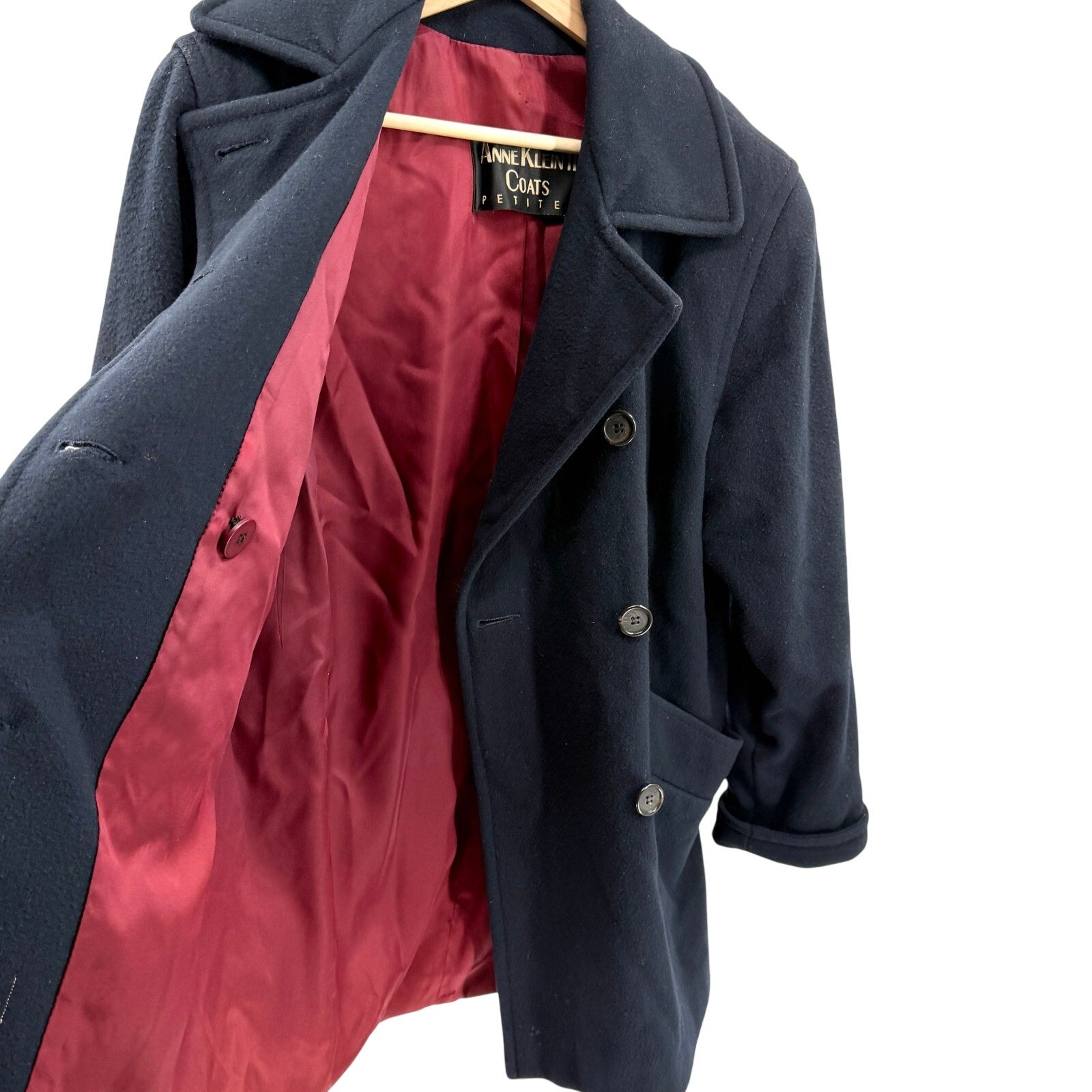 Vintage 90s Anne Klein II Navy 100% Wool Double Breasted Peacoat Jacket