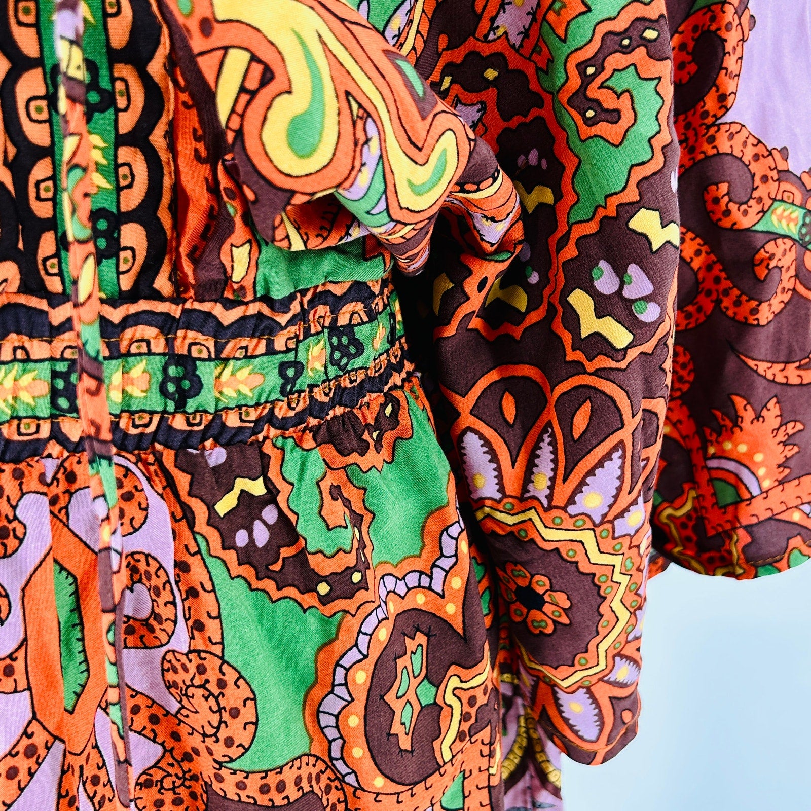 Farm Rio Pink Orange Green Brown Paisley Tapestry Lace-Up Mini Dress