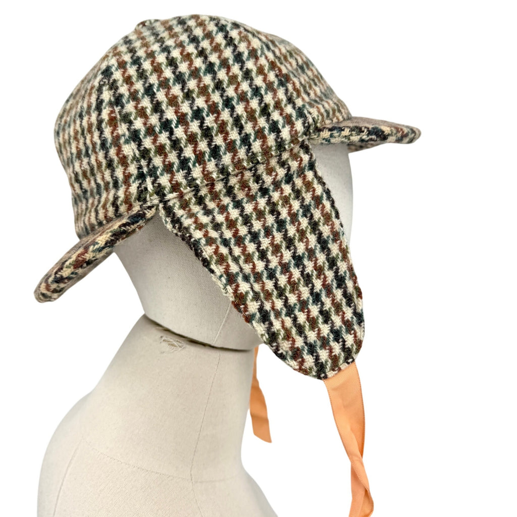 Vintage 60s Dunn & Co Harris Tweed Brown Wool Houndstooth Deerstalker Hat