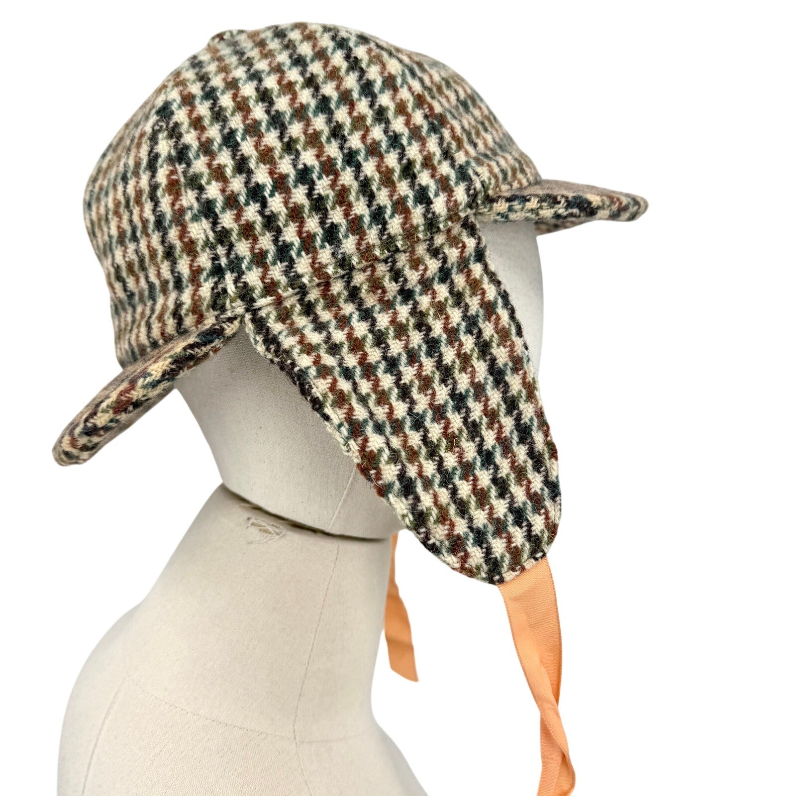 Vintage 60s Dunn & Co Harris Tweed Brown Wool Houndstooth Deerstalker Hat