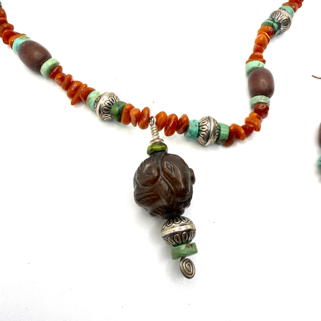 Vintage 90s Artisanal Carved Ram Turquoise Carnelian Beaded Necklace Earring Set
