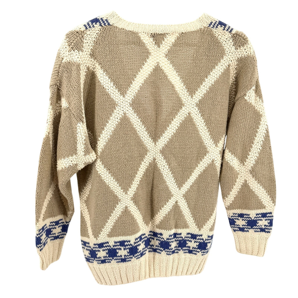Vintage 90s Cambridge Dry Goods Beige Blue Geometric Diamond Knit V-Neck Sweater