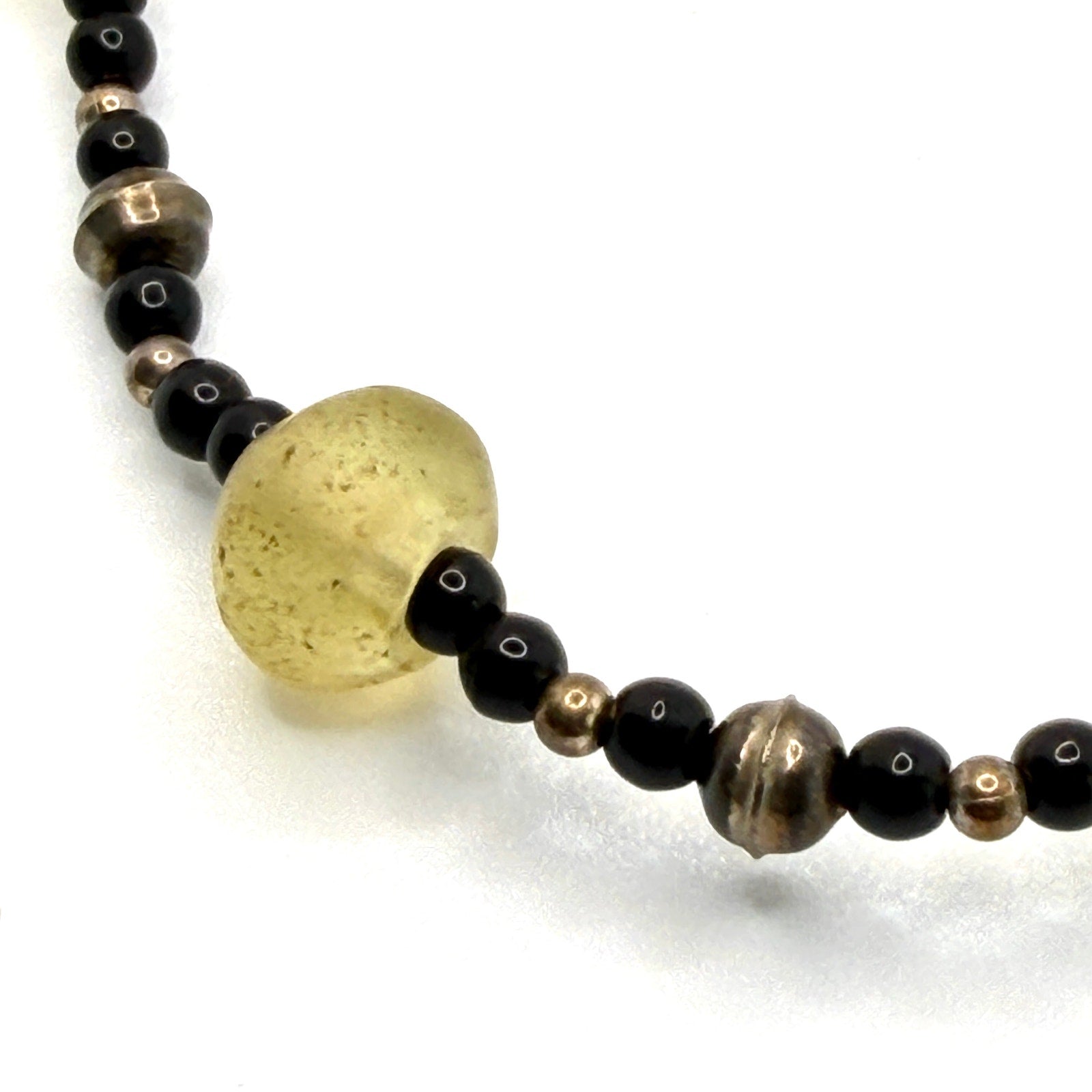 Vintage 90s Black Onyx Lemon Quartz Sterling Silver Minimalist Beaded Necklace