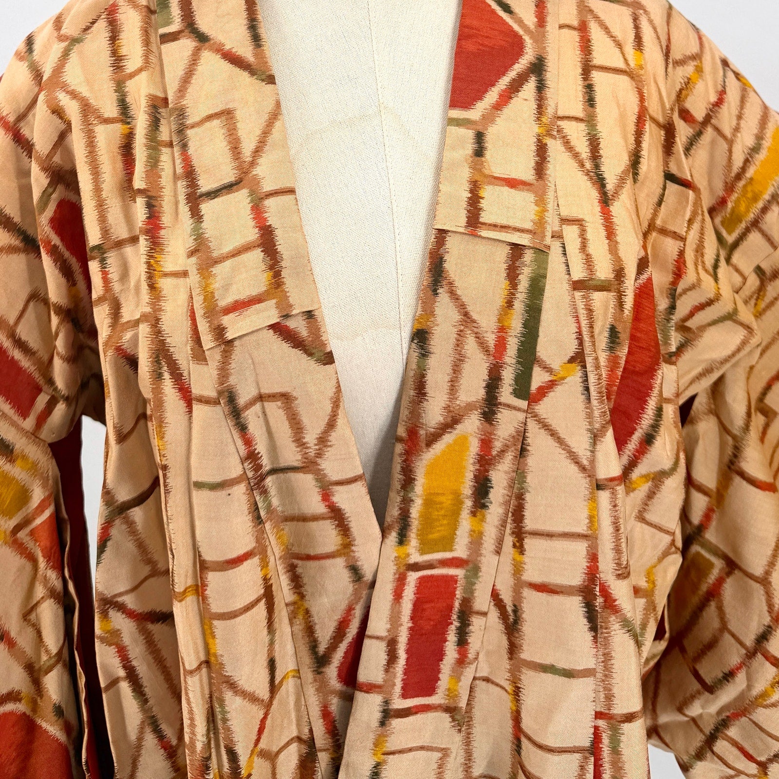 Vintage 60s Showa Era Beige Brick 100% Woven Kasuri Ikat Silk Kimono Robe