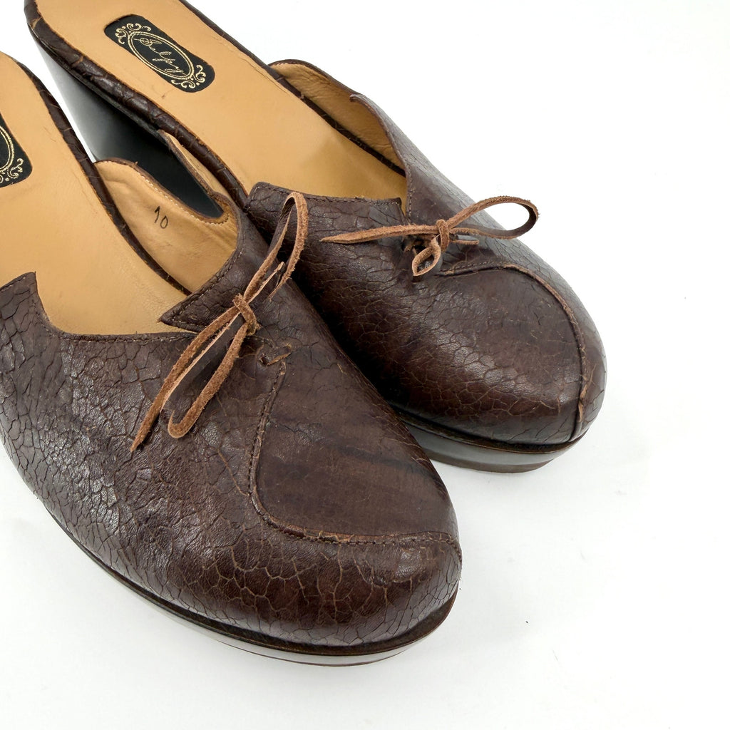 Vintage Y2K Salpy Brown Genuine Leather Wood Platform Clog Mules