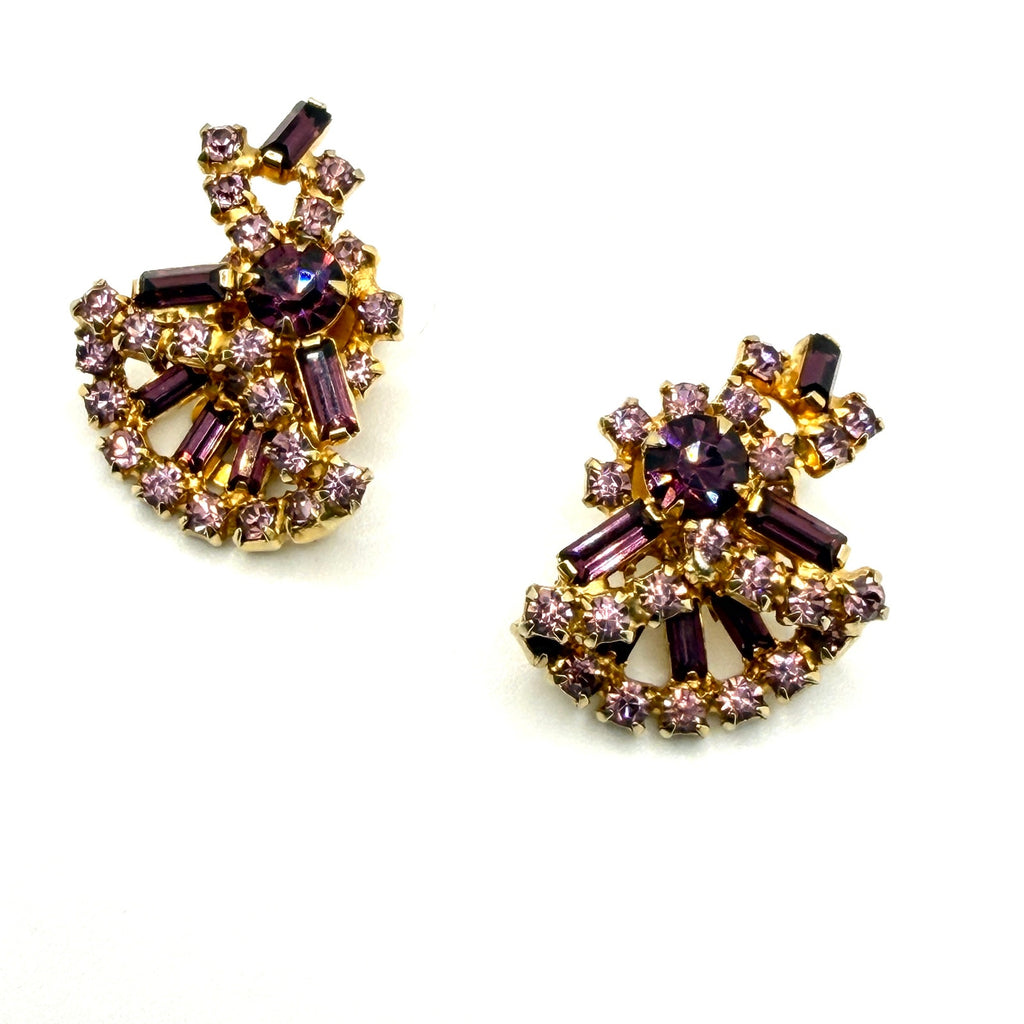 Vintage 50s Purple Amethyst Rhinestone Baguette Statement Necklace Earring Set