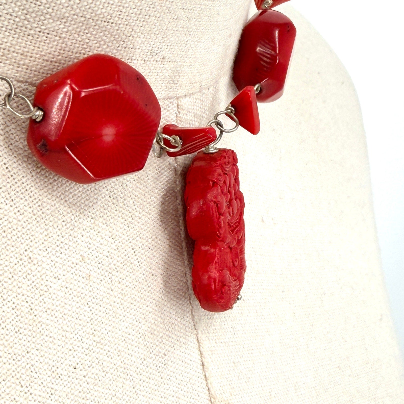 Vintage Red Coral Chunk Carved Cinnabar Foo Dog Pendant Statement Necklace