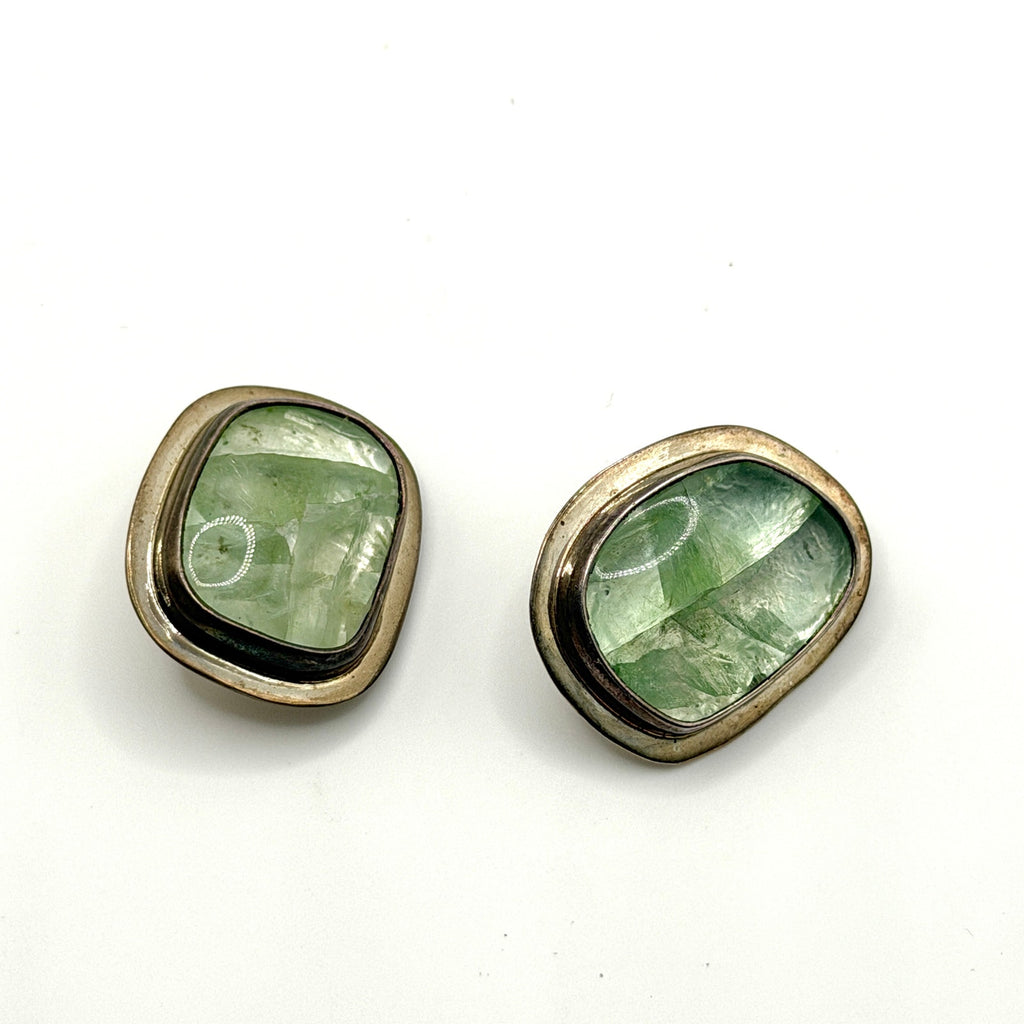 Vintage 90s Seafoam Green Sterling Silver Stamped Modernist Clip On Earrings