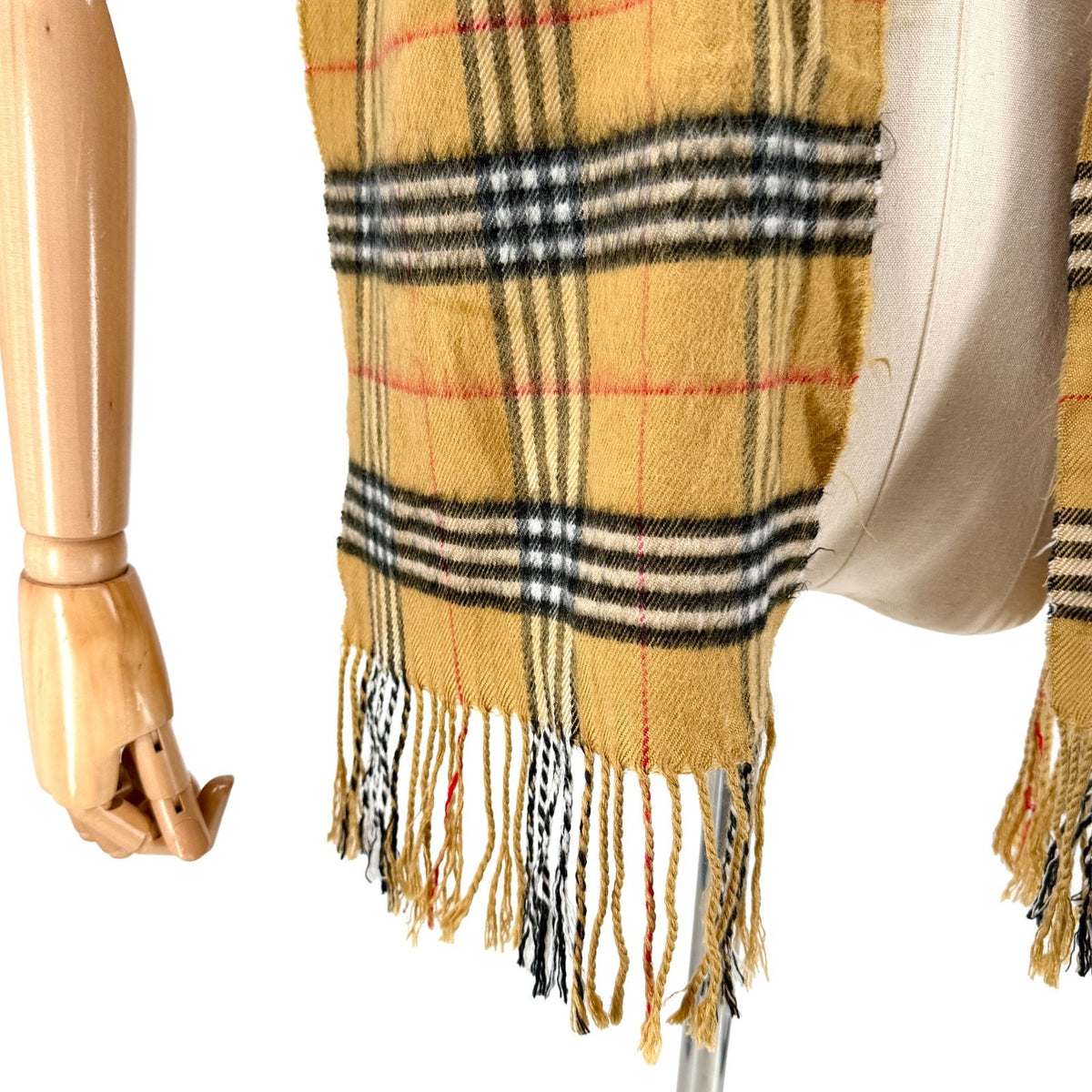 Vintage Y2K Beige Tartan Check 100% Cashmere Fringe Trim Scarf