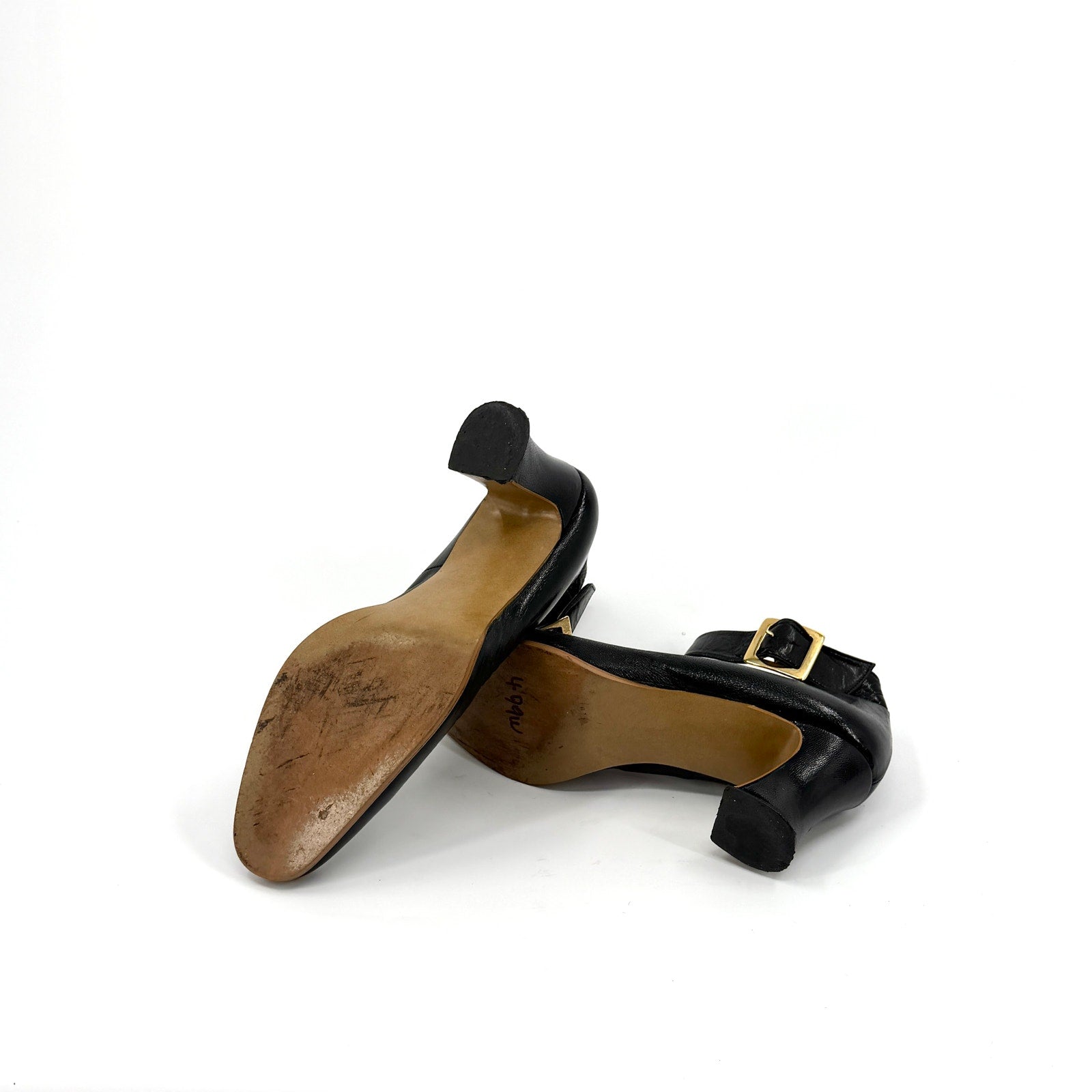 Vintage 90s Gino & Salvatore Black Leather Glam Block Heel Mary Jane Pumps