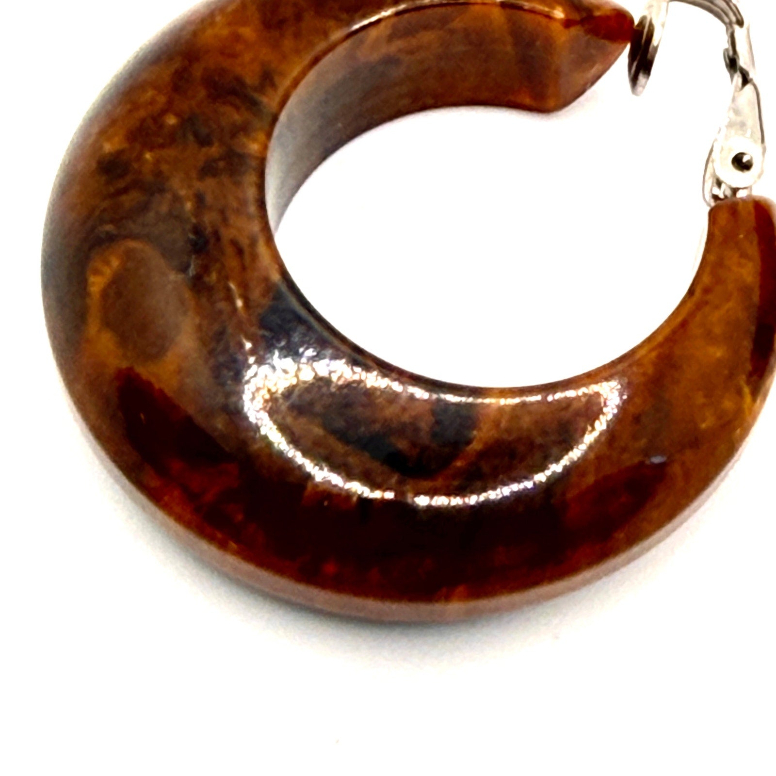 Vintage 70s Brown Tortoise Resin Chunky Crescent Hoop Clip On Earrings